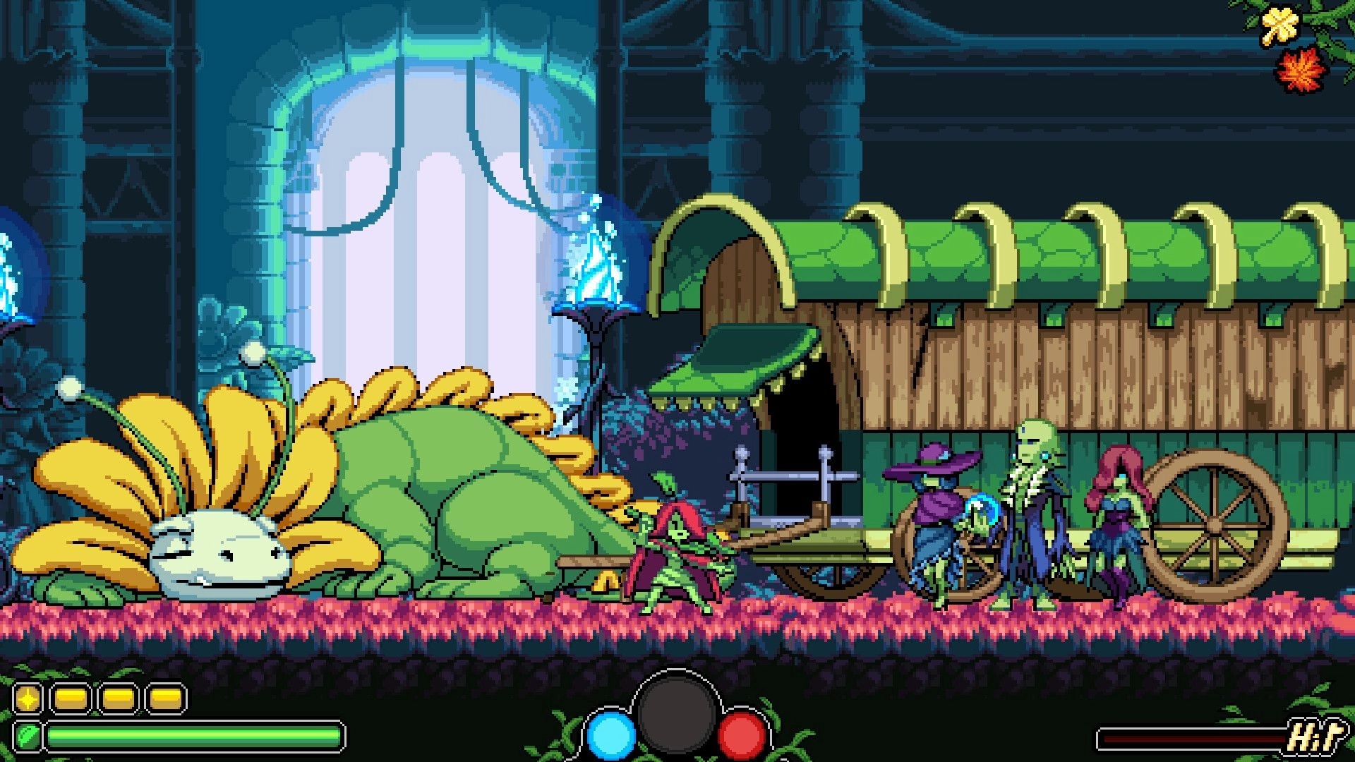 Garden Souls: Hero stands by a plant wagon and NPCs beside a sleeping giant flower in ruins.
