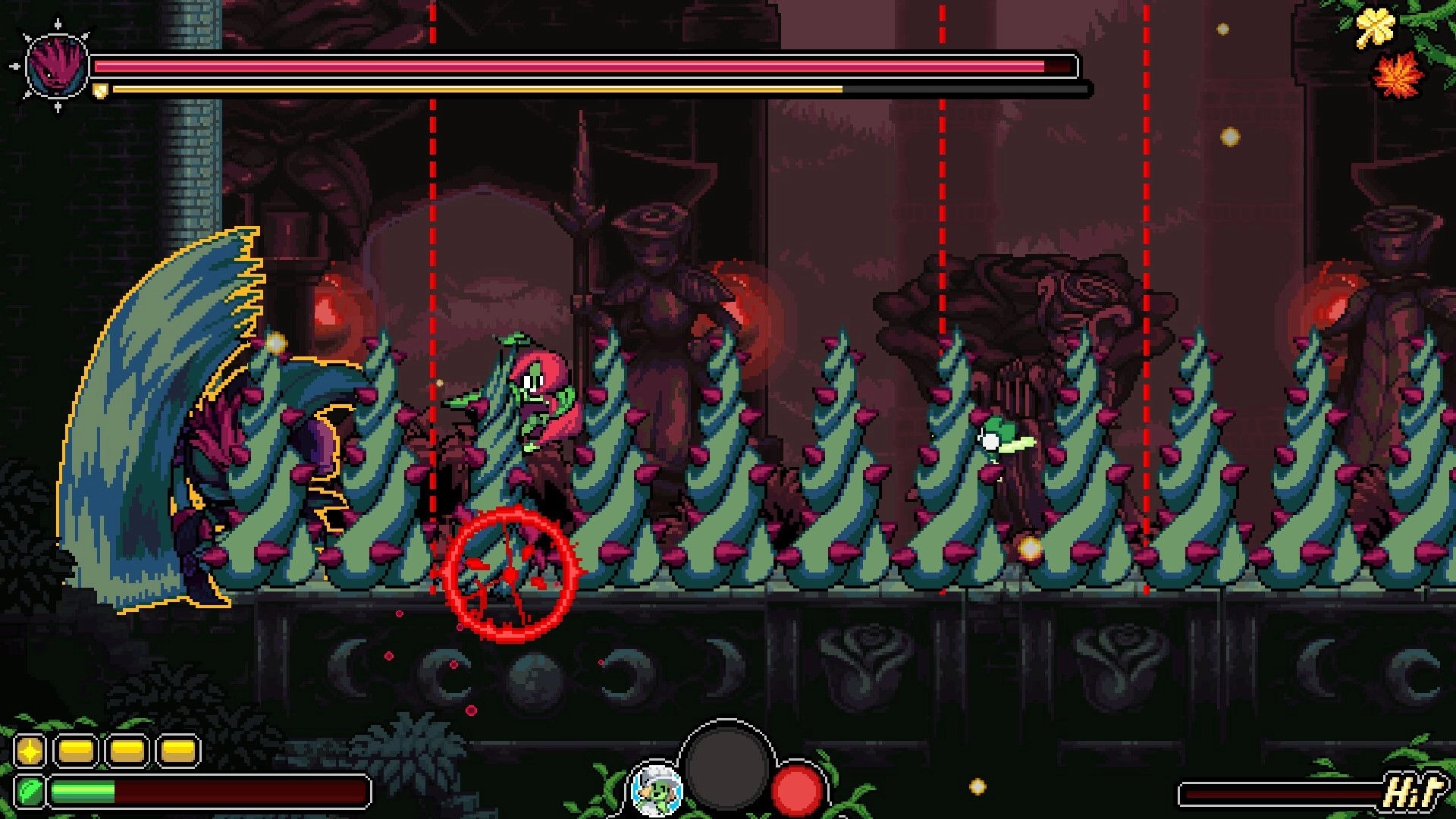Garden Souls: Player dodges through thorny vine spikes with HP bars and skill icons in dark ruins.