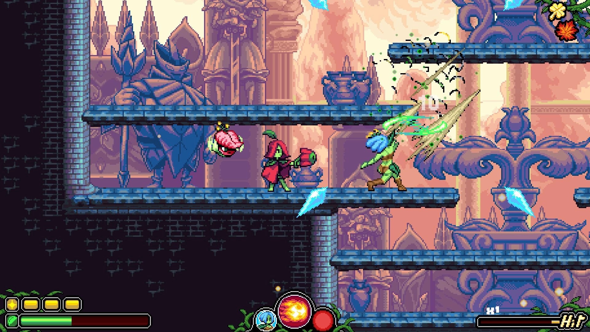 Garden Souls: Princess battles a winged foe mid-swing on stone platforms in a pastel temple ruin.