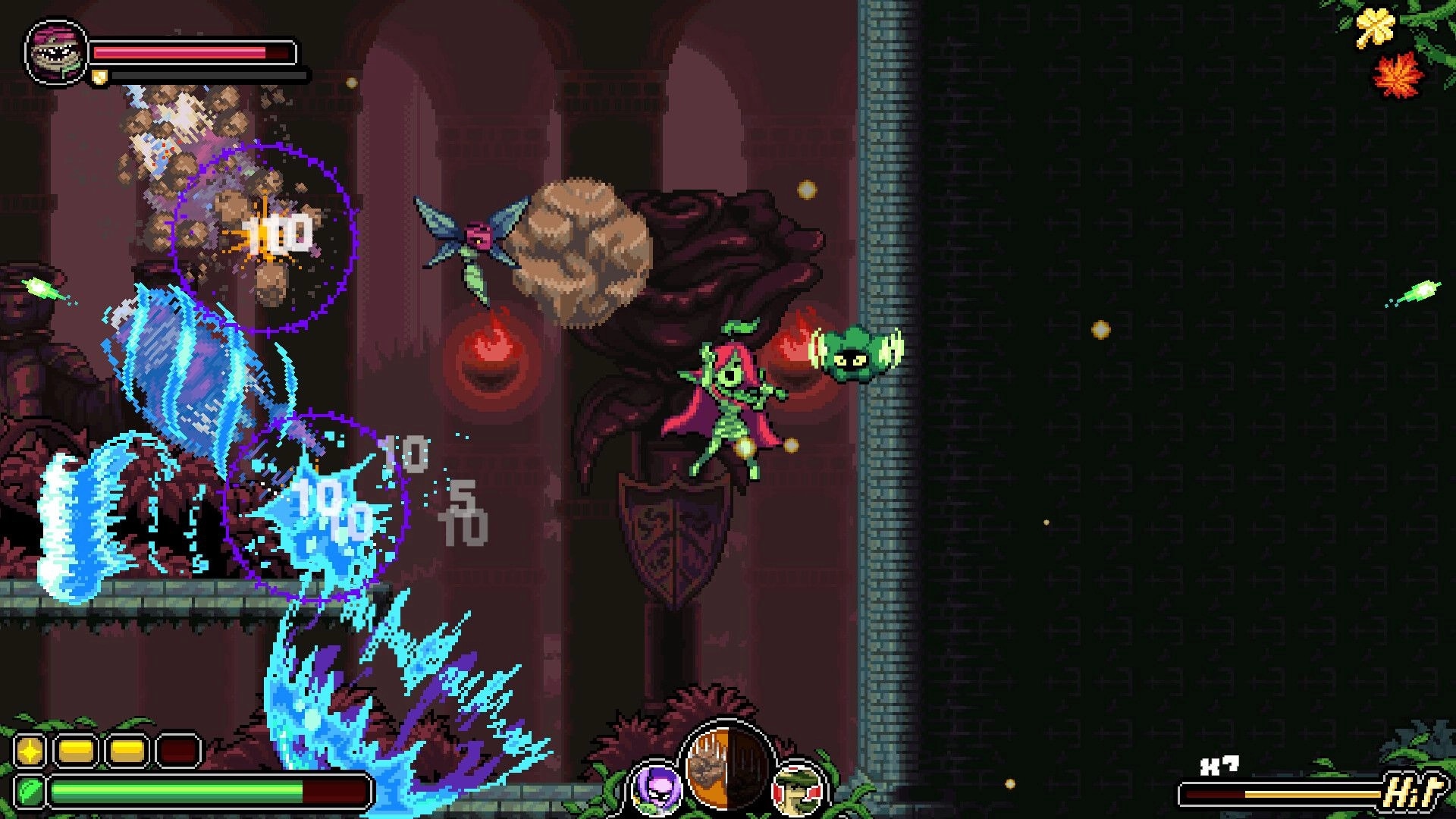 Garden Souls: Green princess hovers midair firing projectiles in a dark castle hall with HUD bars.