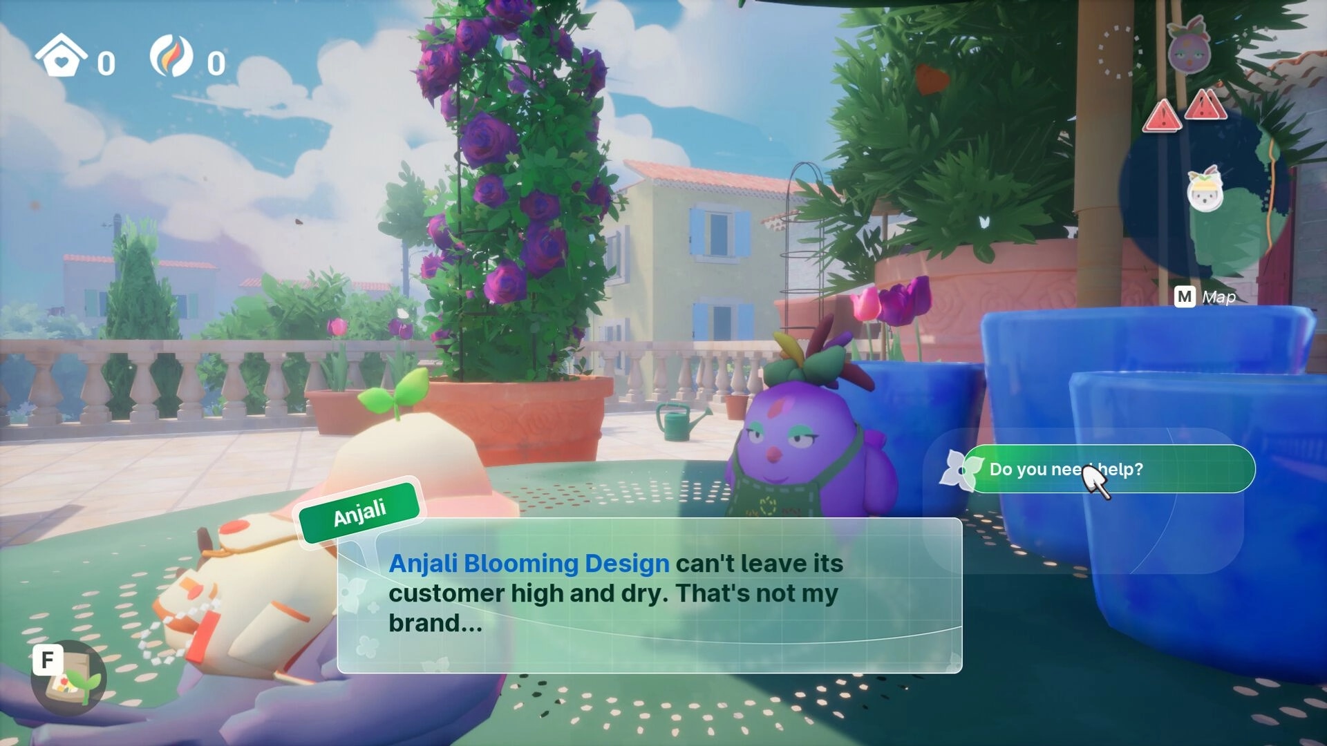 Garden Trills: Dialogue with Anjali in vibrant garden setting, UI shows map and help prompt