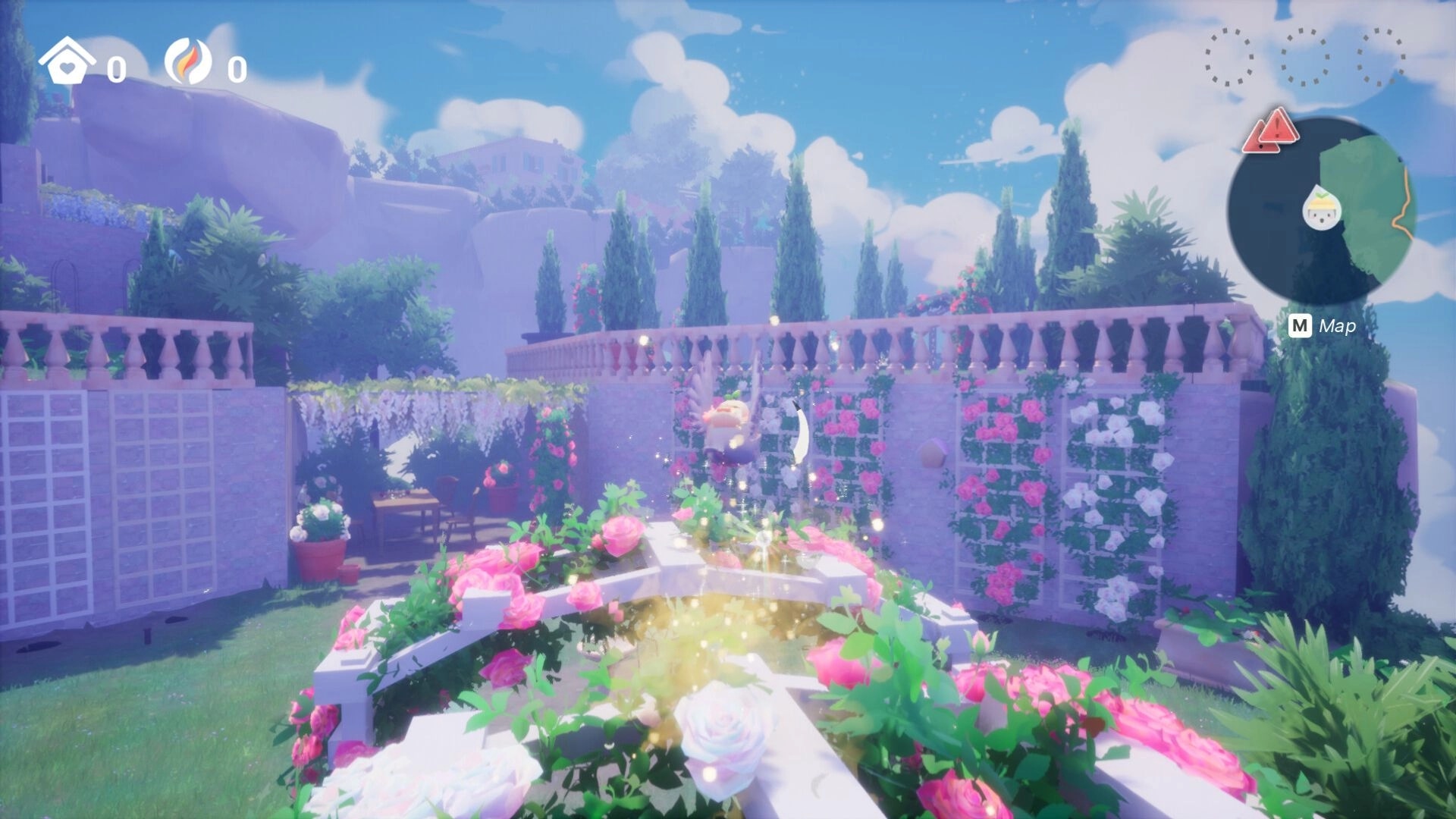Garden Trills: Tomi flies over blooming garden with map and resource icons in top corners