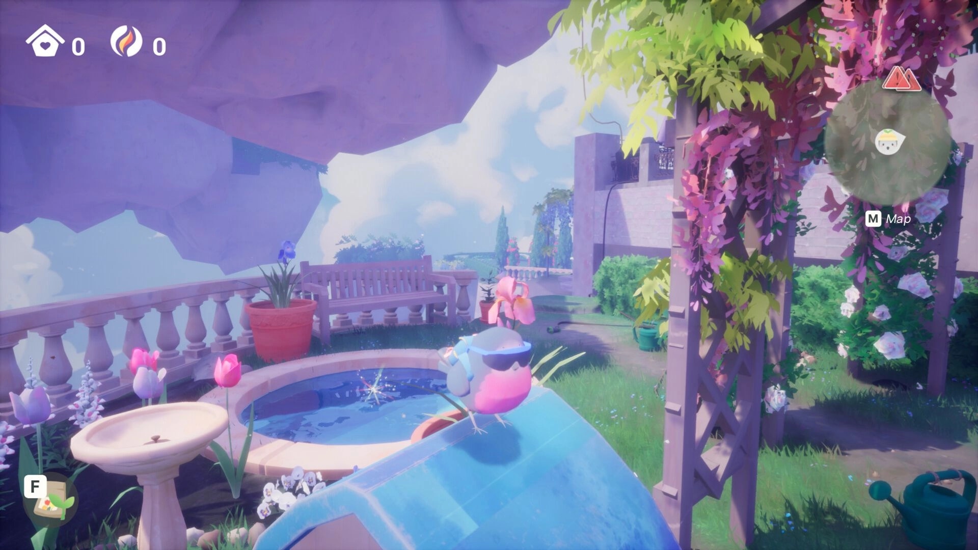 Garden Trills: Tomi perched by a tranquil pond in a lush garden with vibrant flowers and foliage