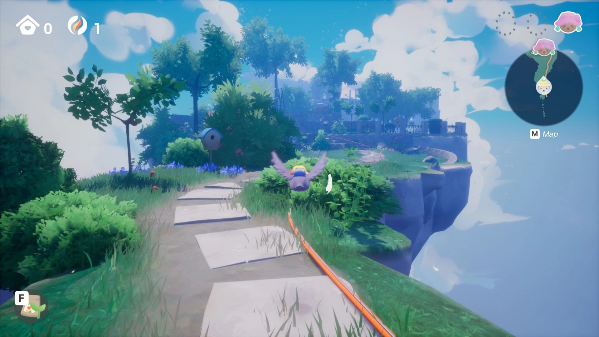 Garden Trills: Tomi flying over grassy path in floating garden, map and inventory icons visible