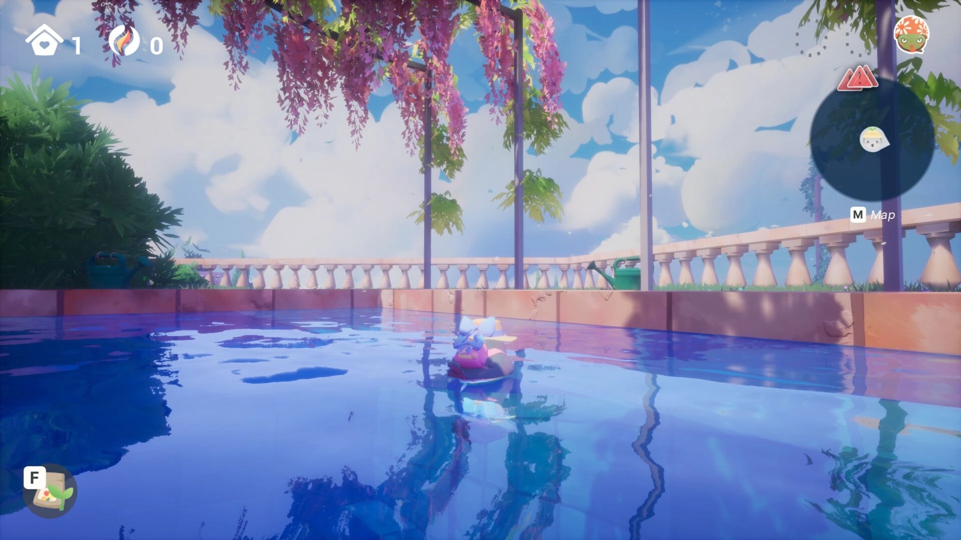 Garden Trills: Tomi floats on a pond under blooming vines with map and inventory icons on screen