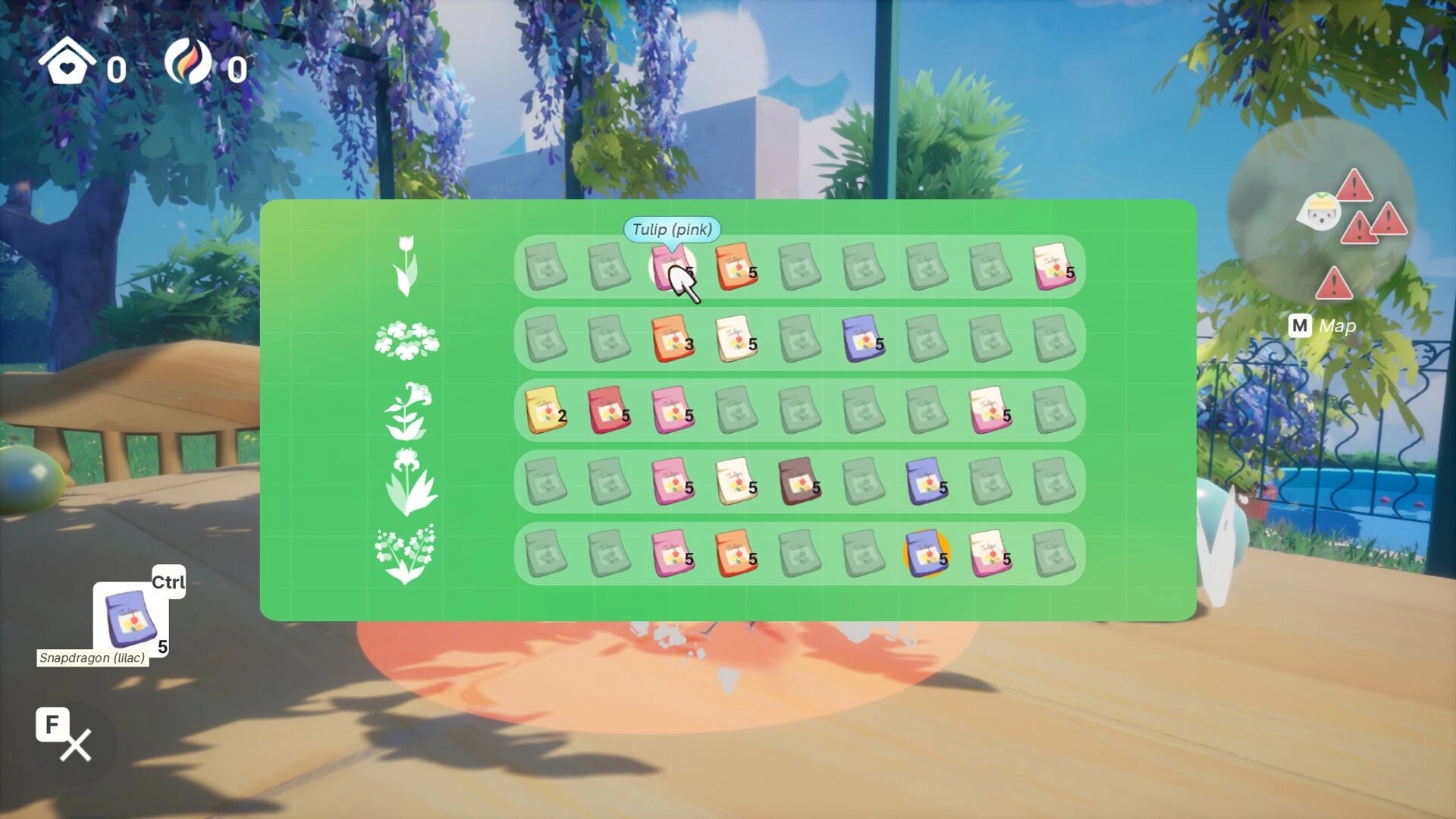 Garden Trills: Plant selection menu with various seed packets in a sunlit garden setting