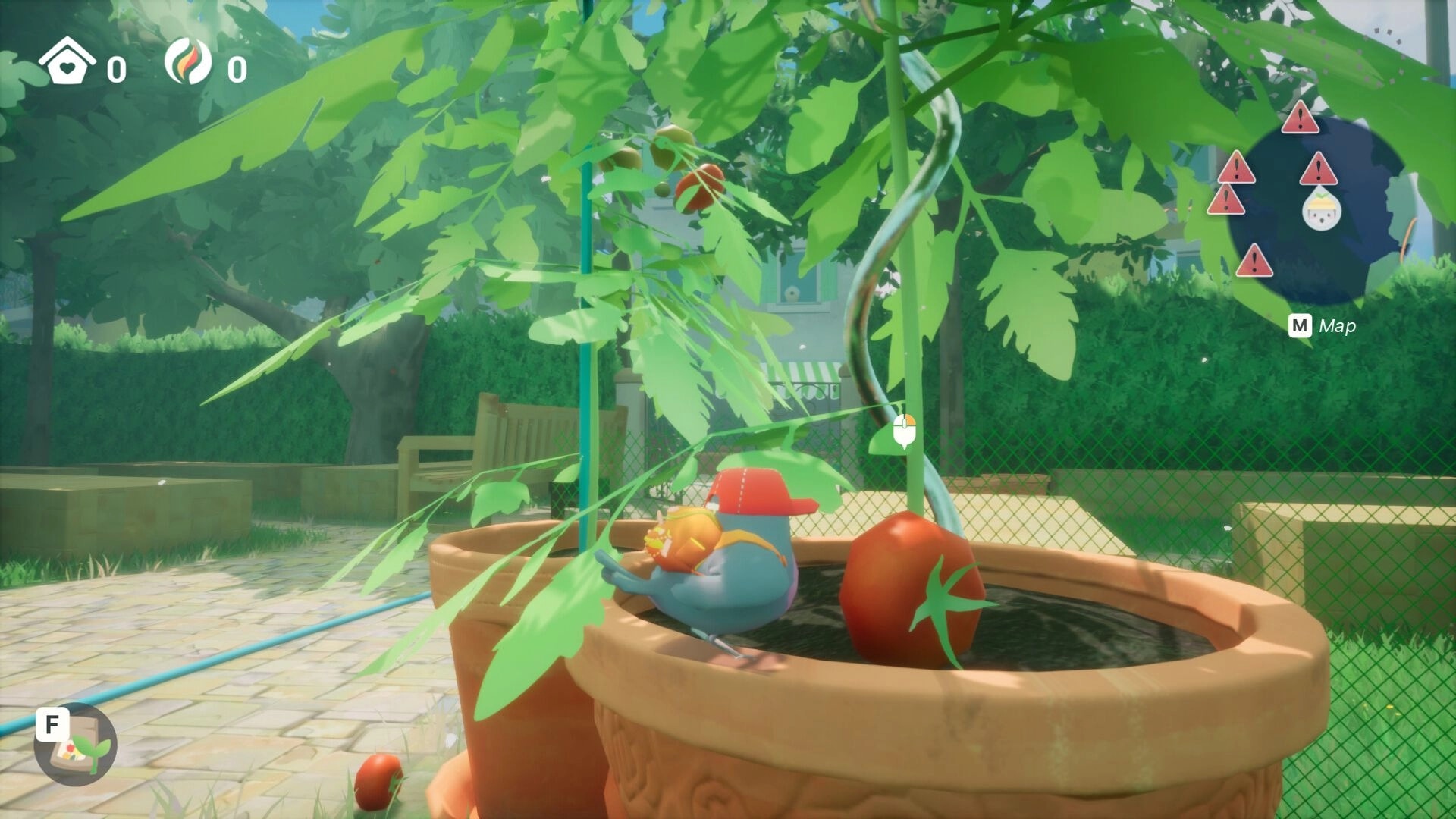 Garden Trills: Tomi waters plants in a pot under leafy canopy; UI shows zero resources and map alerts.