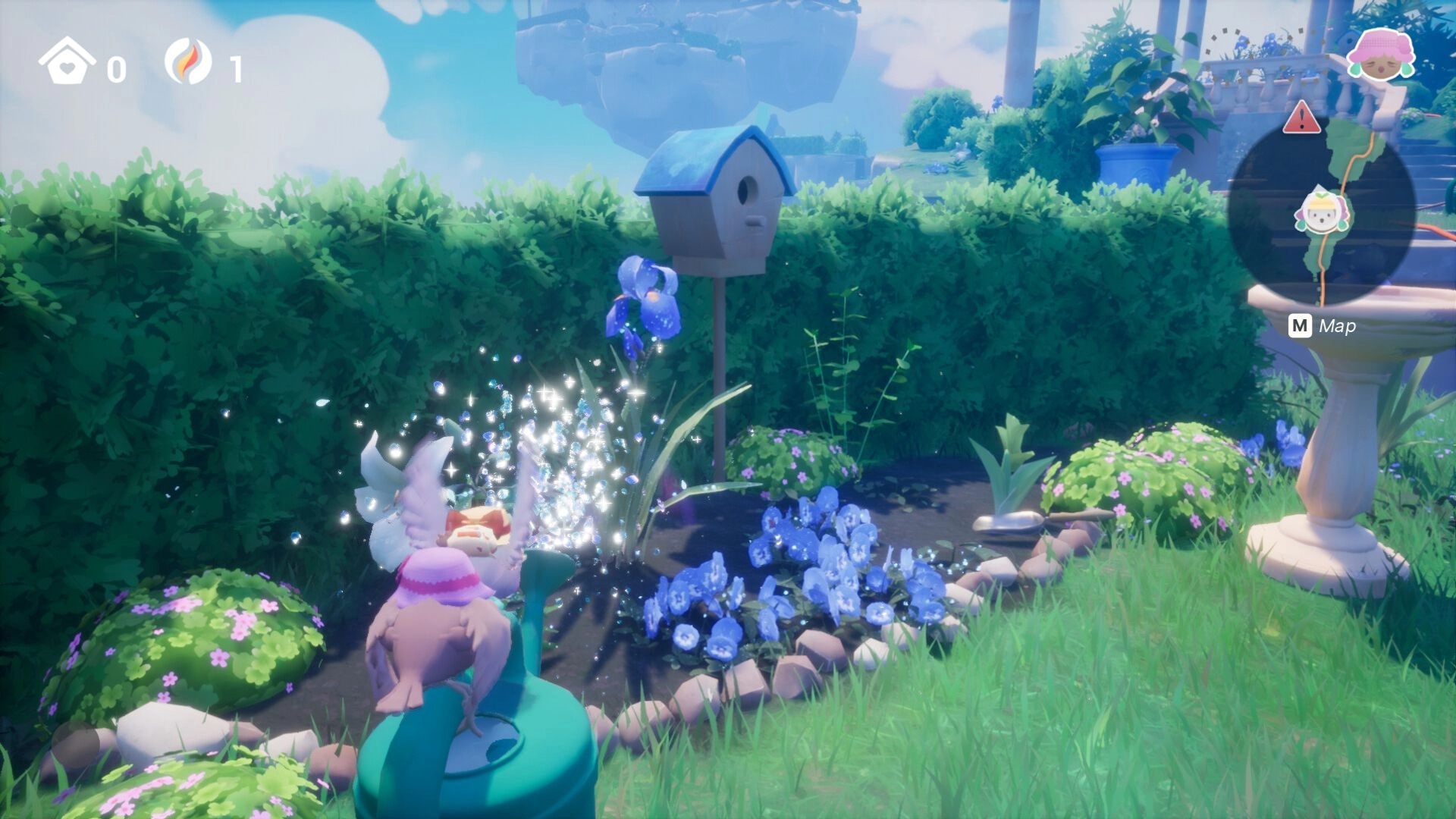 Garden Trills: Tomi waters magical plants near birdhouse, map icon displayed in lush garden setting