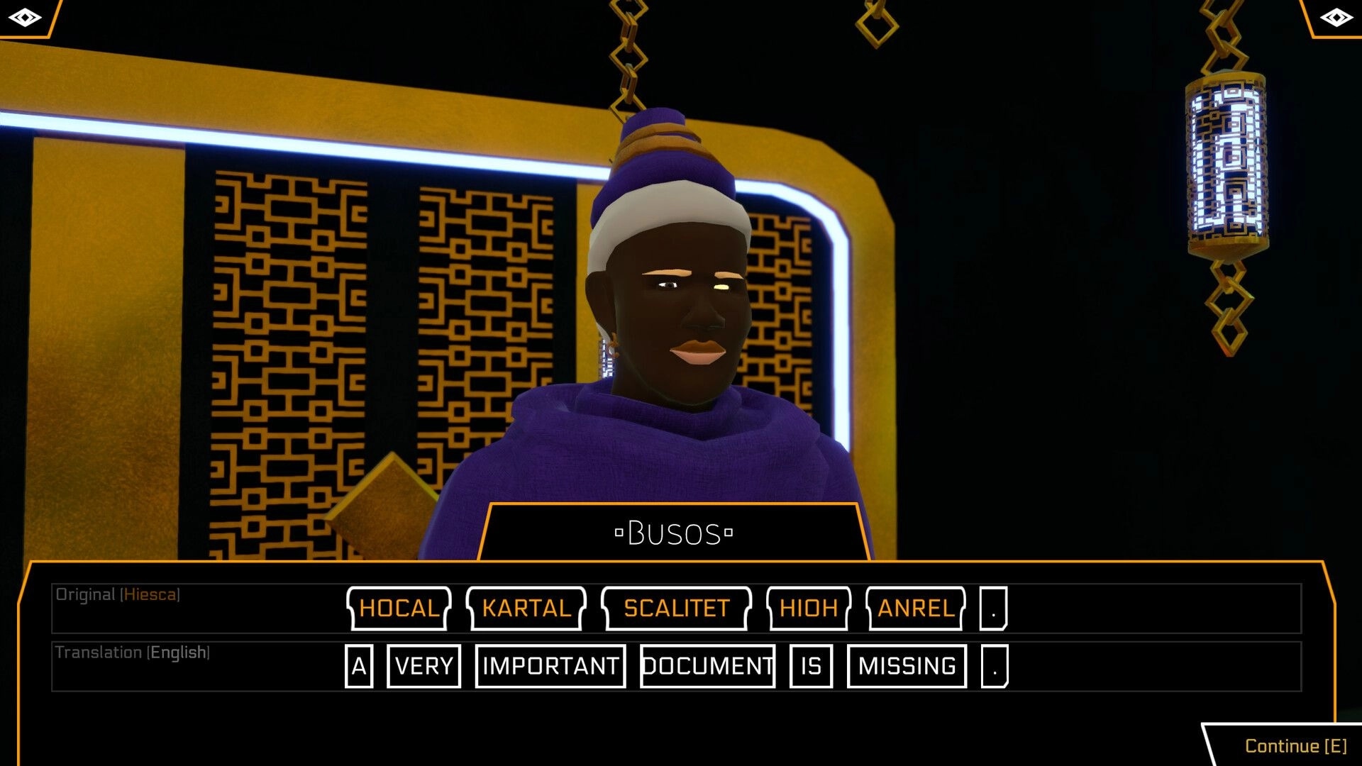 Gata Guressi: Dialogue translation screen with Busos and word tiles in a neon-lit sci-fi room.