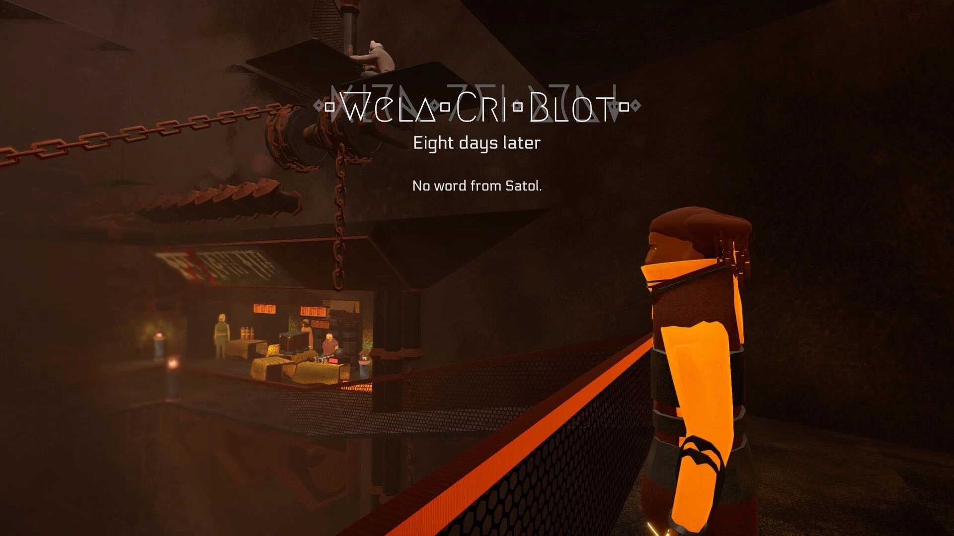 Gata Guressi: Cutscene text “Eight days later” over character on catwalk above dim bazaar cavern.