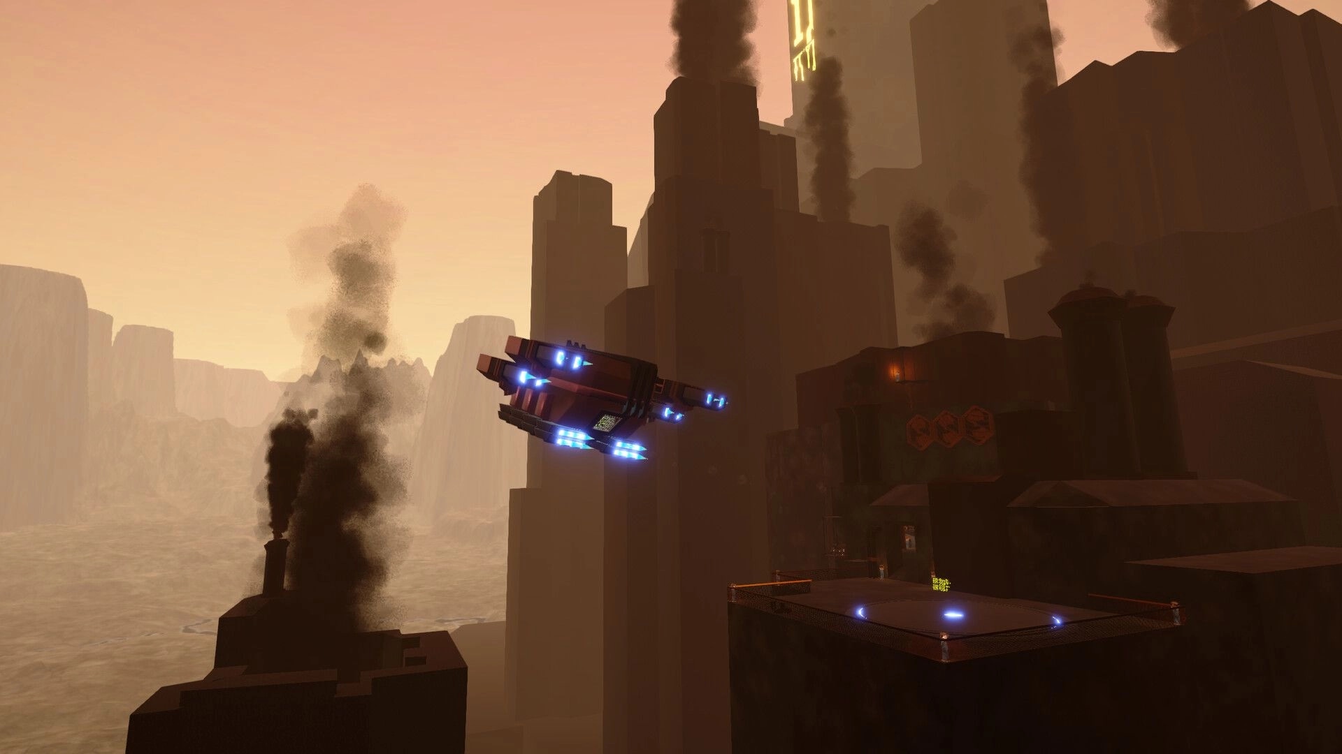 Gata Guressi: Hovercraft with blue thrusters flying past smoky towers in an industrial canyon at dusk.