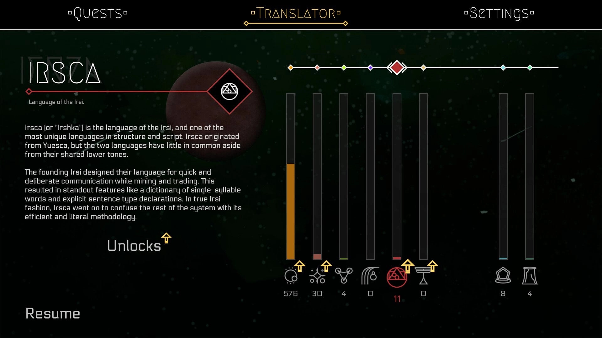 Gata Guressi: Translator menu on Irsca language page with progress bars and unlock icons over starfield.