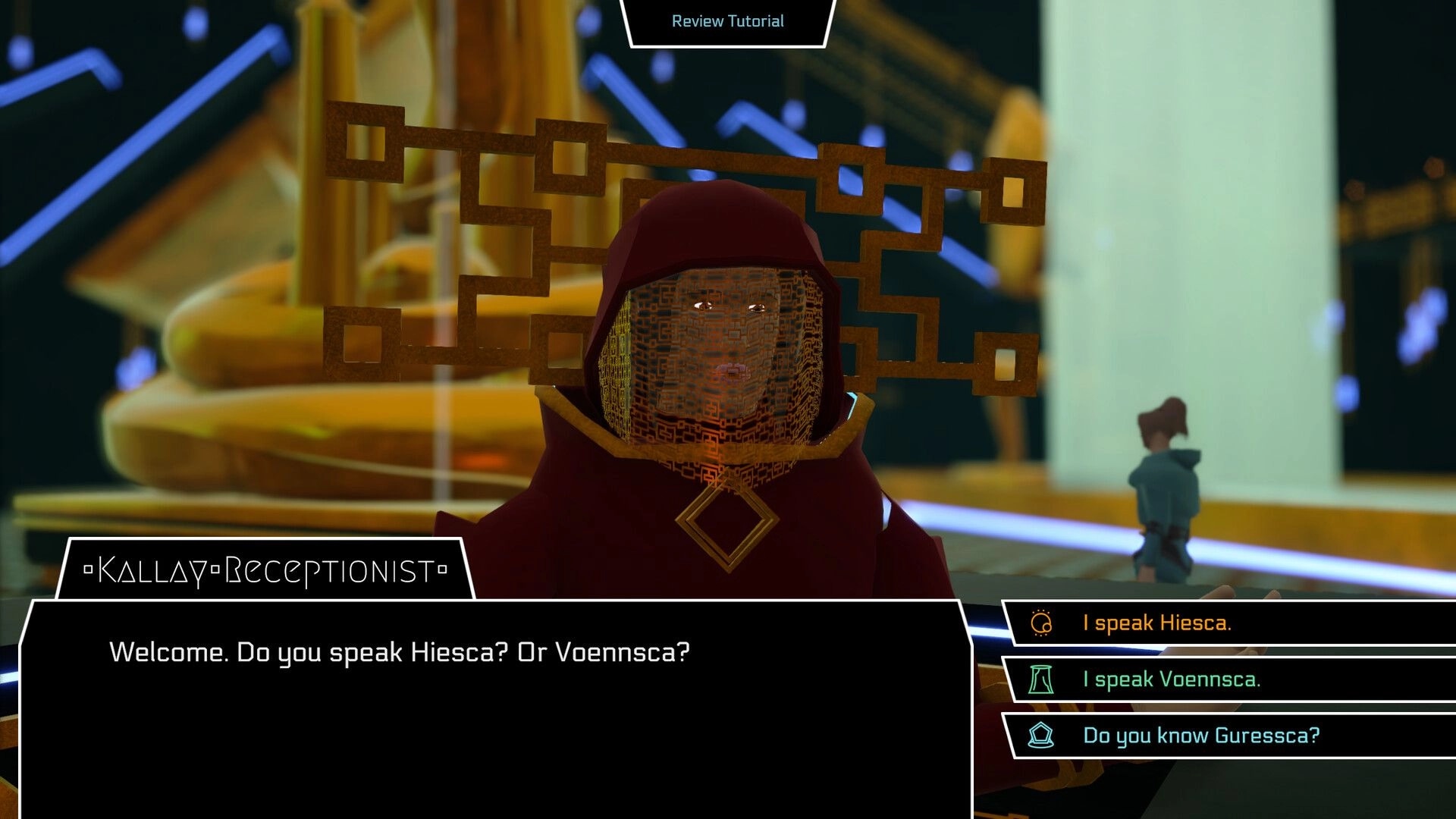 Gata Guressi: Dialogue with Kallay receptionist offering language choices in a futuristic lobby UI.
