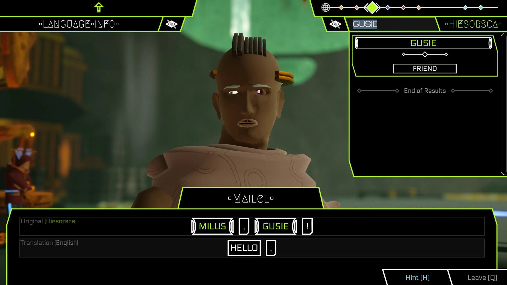 Gata Guressi: Talking to Maicel with language info UI translating “Milus Gusie” to “Hello” indoors.