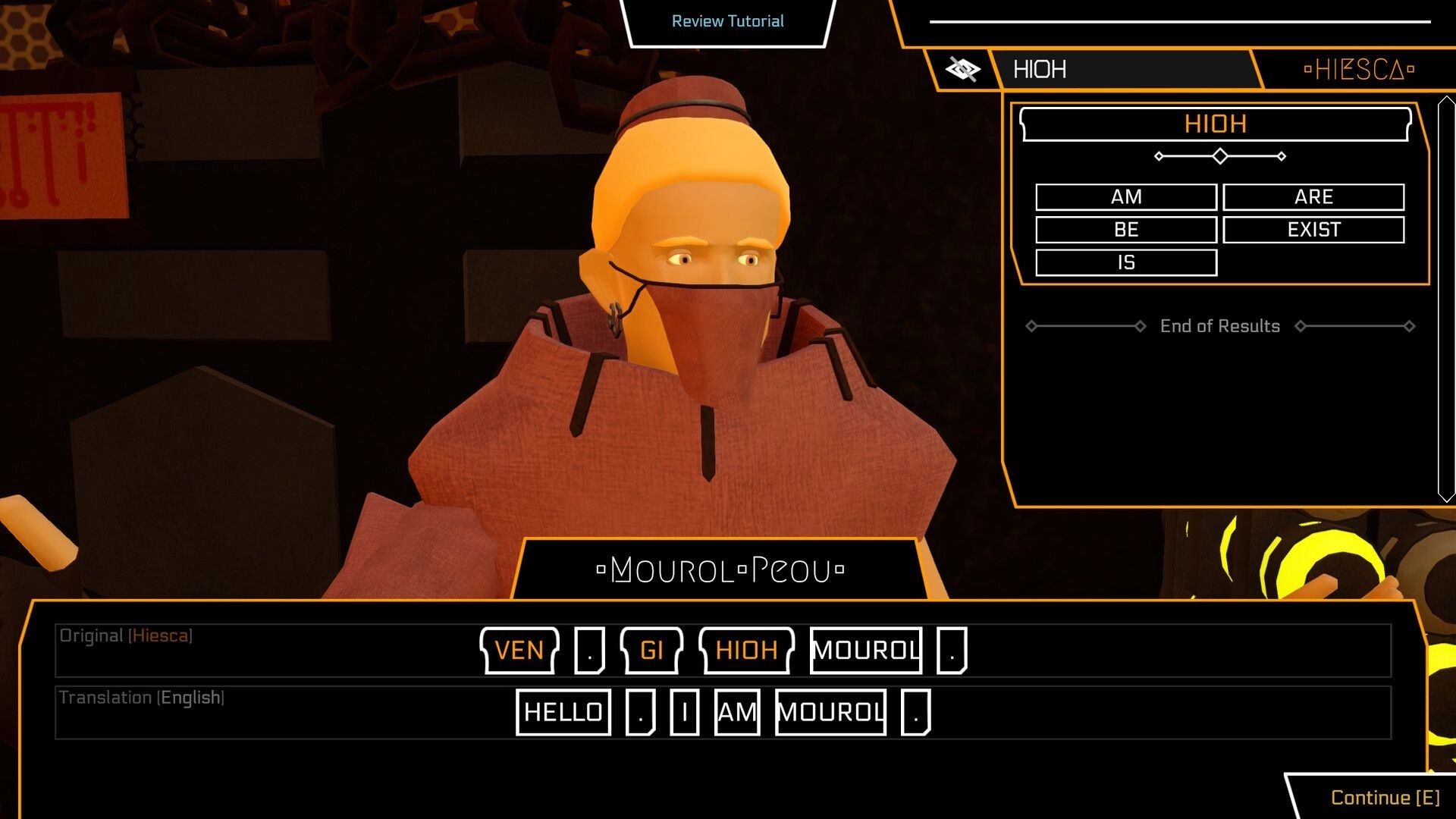 Gata Guressi: Talking to masked NPC Mourol-Peou with translation UI and word choices on screen.