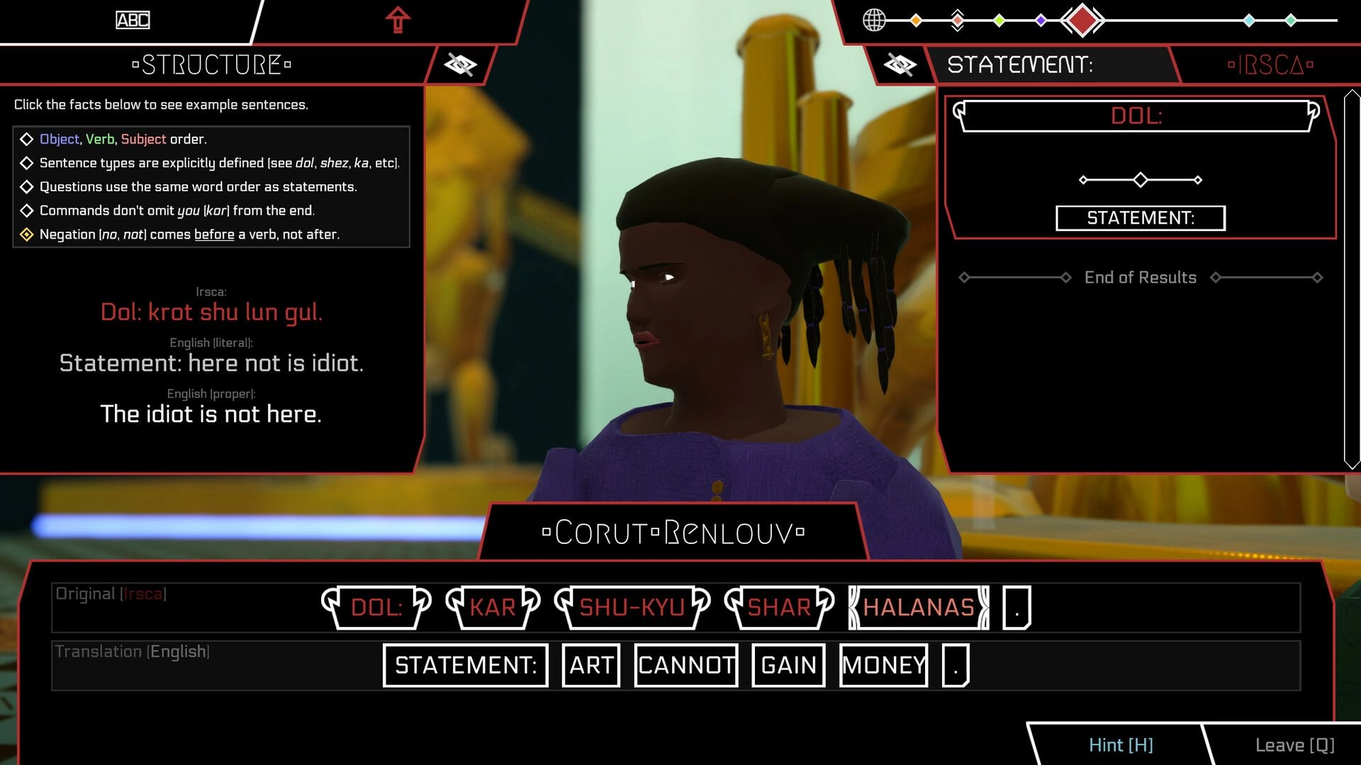 Gata Guressi: Translation puzzle UI with alien grammar notes and NPC portrait in a rocky sci-fi plaza.
