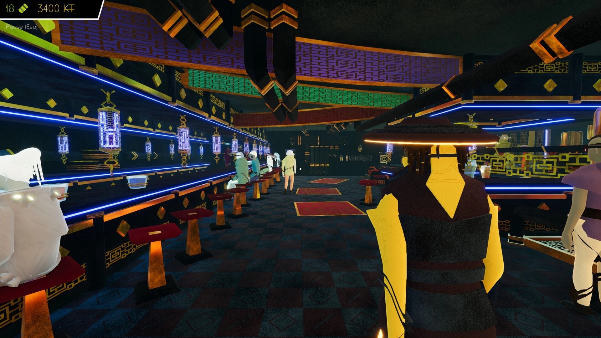 Gata Guressi: First-person view in neon-lit bar with patrons at stools and currency HUD at top-left.