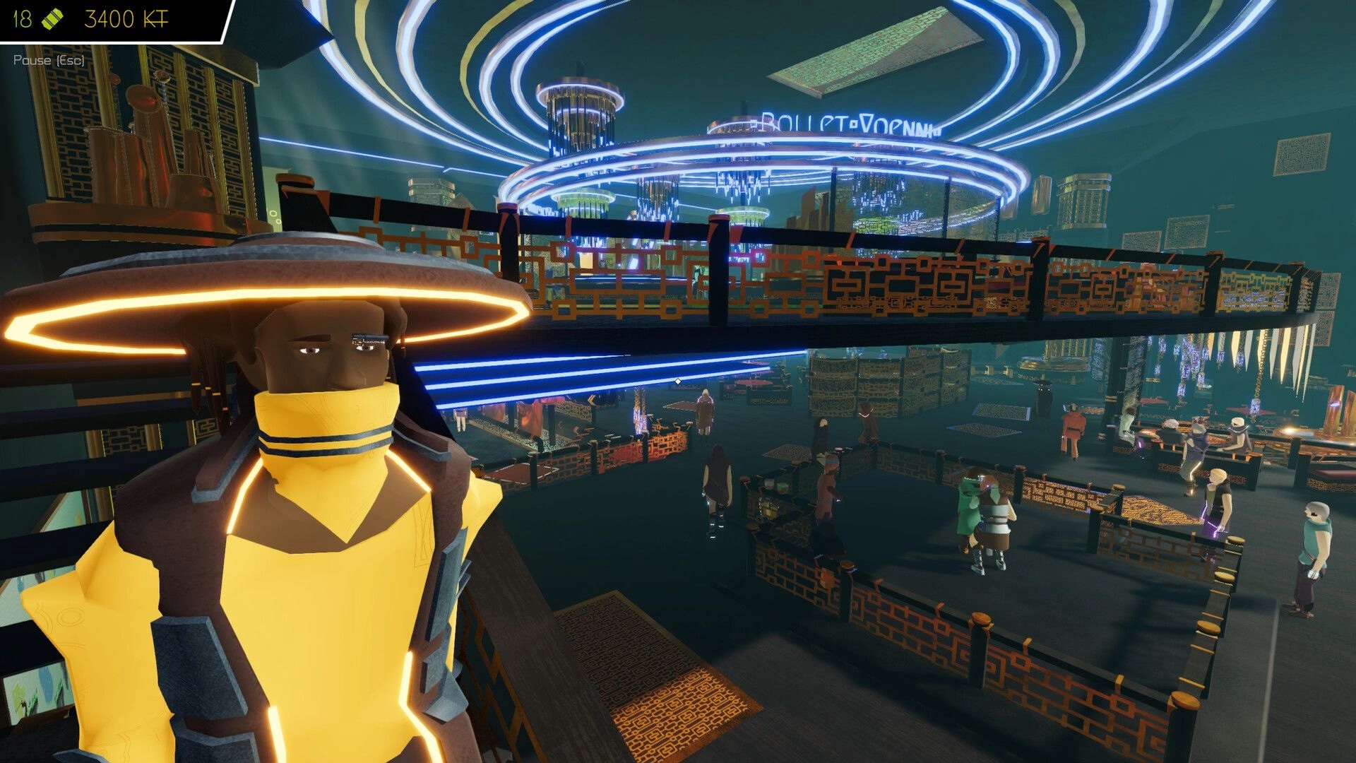 Gata Guressi: Player character on a balcony overlooking a neon-lit multi-level market with NPCs below.