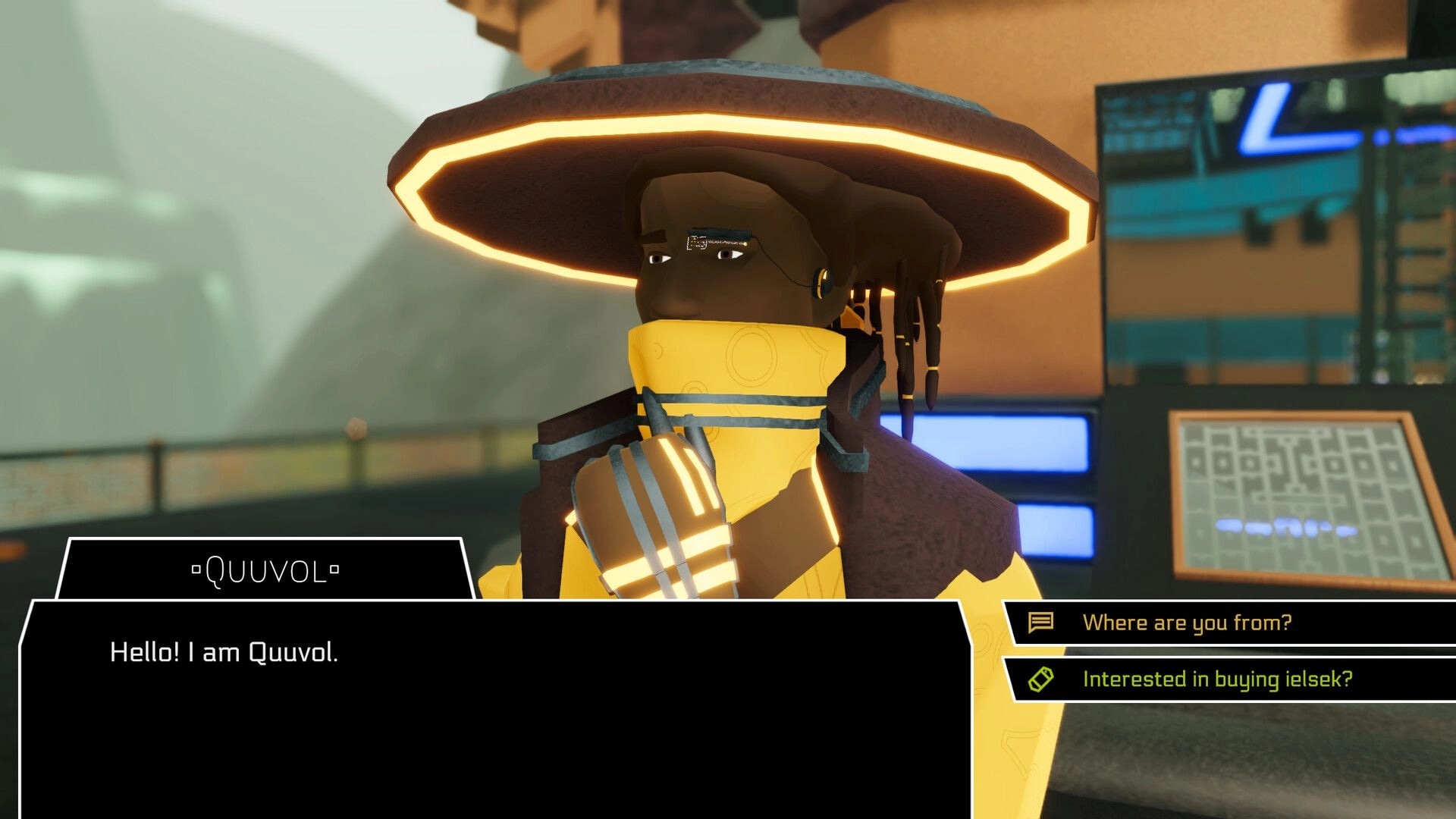Gata Guressi: Dialogue with Quuvol greeting you, choice prompts in a futuristic market stall scene.
