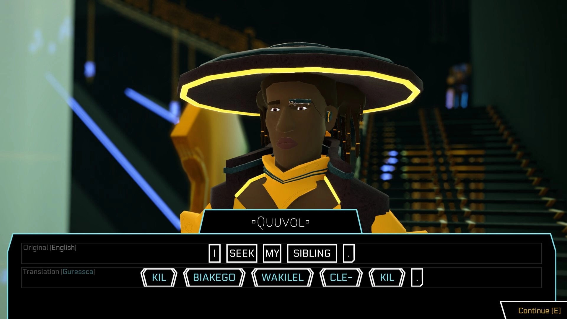 Gata Guressi: Dialogue with Quuvol and translation tiles "I SEEK MY SIBLING" in neon sci-fi hall.