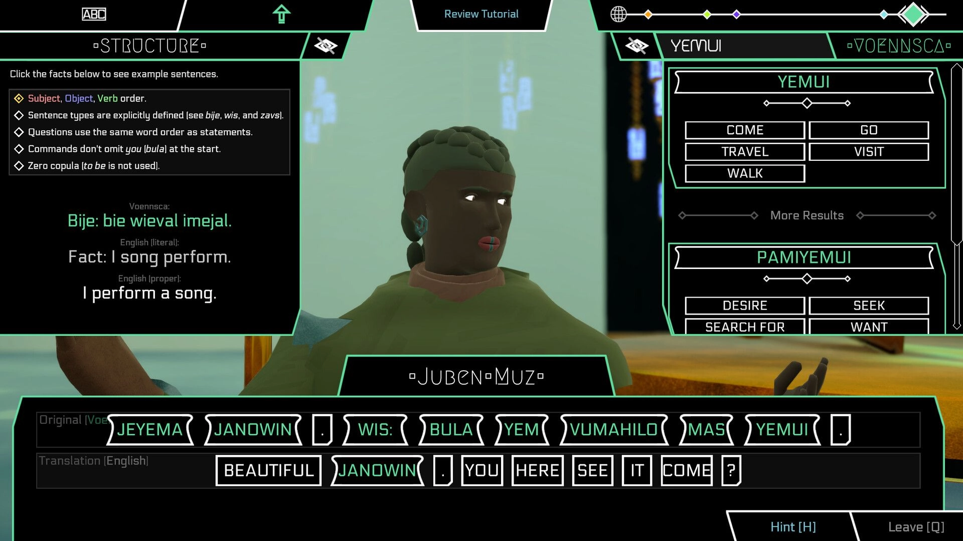 Gata Guressi: Talking with Juben-Muz while translation menus and word tiles fill the sci-fi UI.