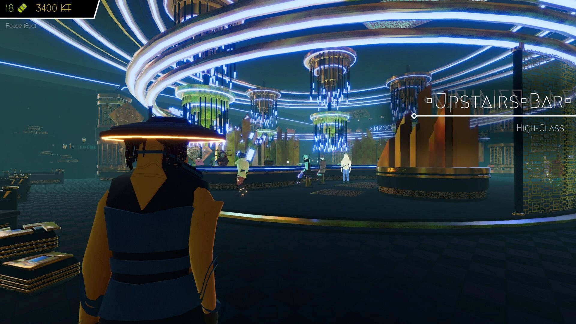 Gata Guressi: Player faces neon UPSTAIRS BAR sign and patrons under glowing rings in sci-fi lounge.