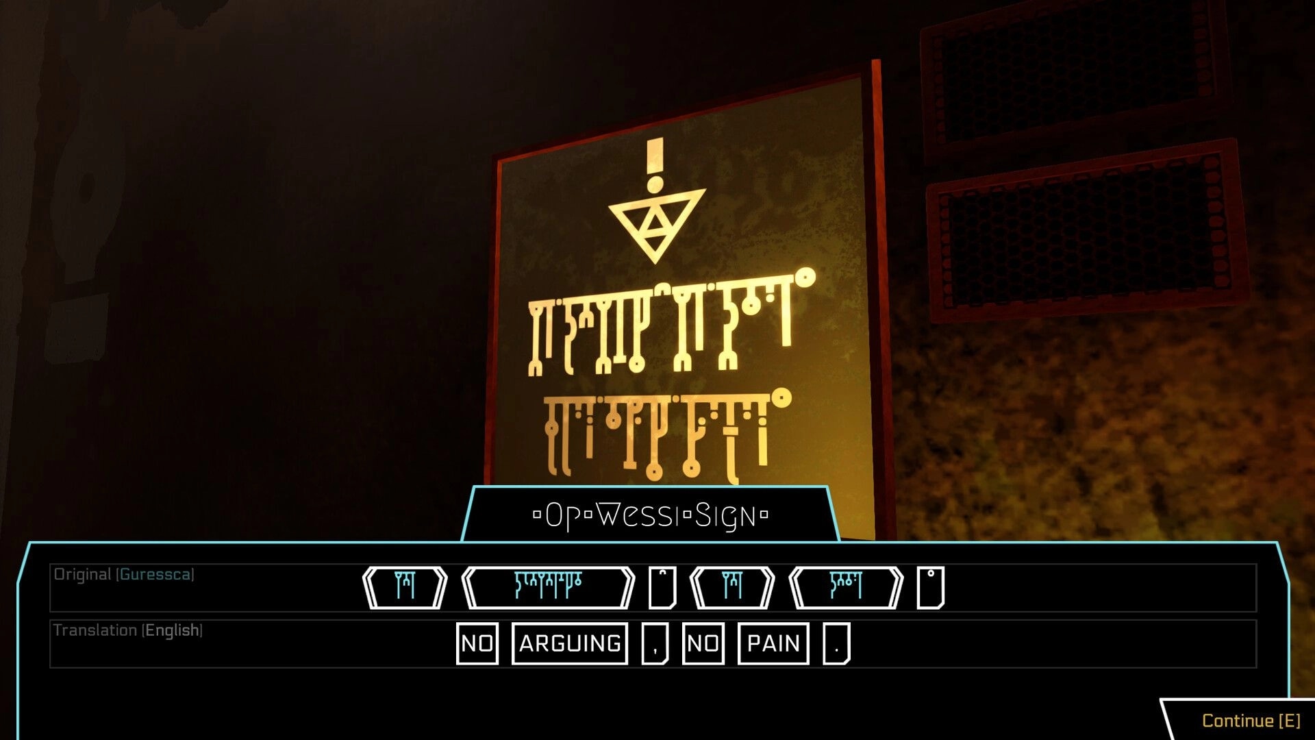 Gata Guressi: Translating an OP Wessi sign UI with alien text and English words in a dim corridor.