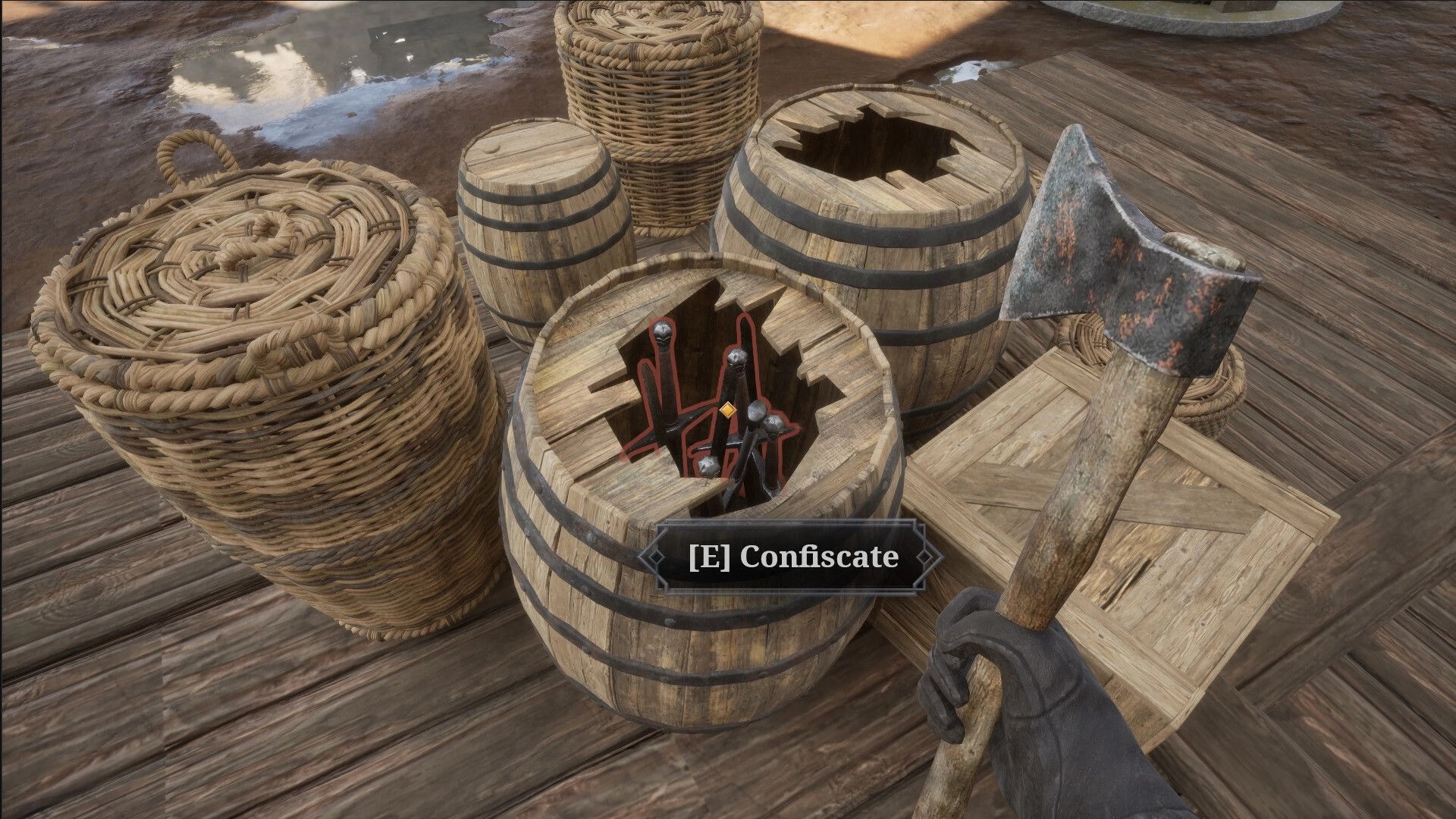 Gate Guard Simulator: Inspecting barrels with contraband weapons on wooden dock, option to confiscate.