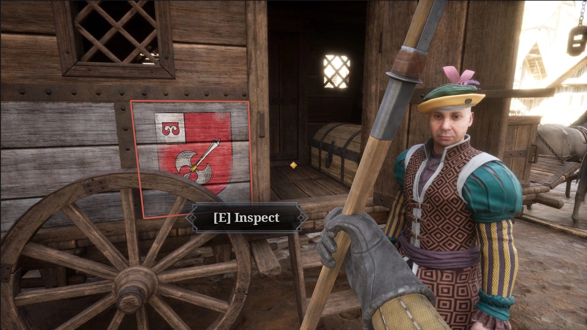 Gate Guard Simulator: Player inspects seal on cart with merchant in colorful attire outside wooden building
