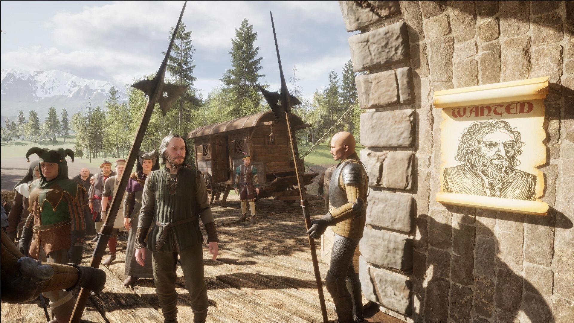 Gate Guard Simulator: Guard inspects a line of villagers near a stone wall with a wanted poster displayed.
