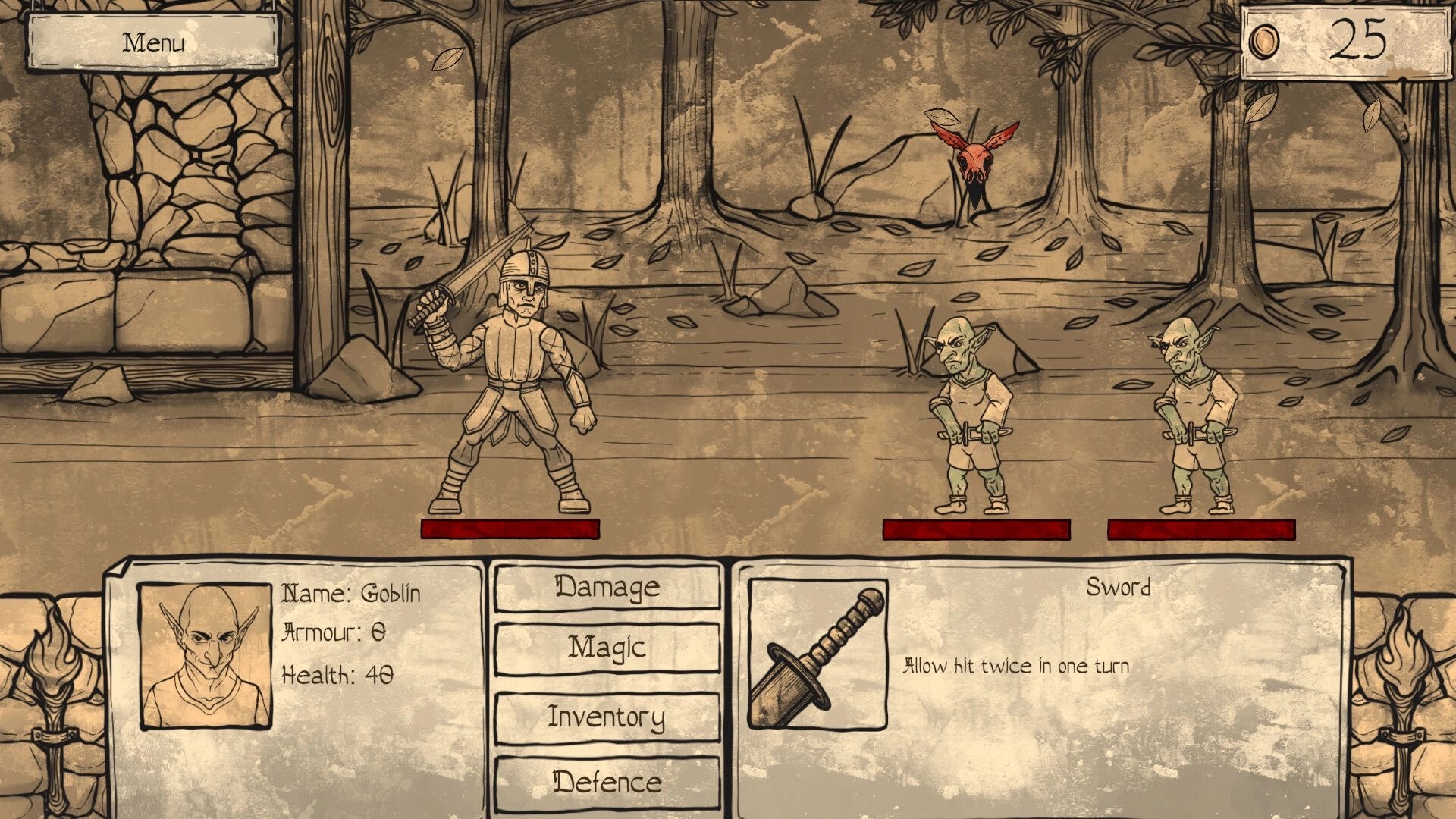 Gatekeeper's Week: Combat with two goblins in a forest, player menu with health, armor, and weapon options.