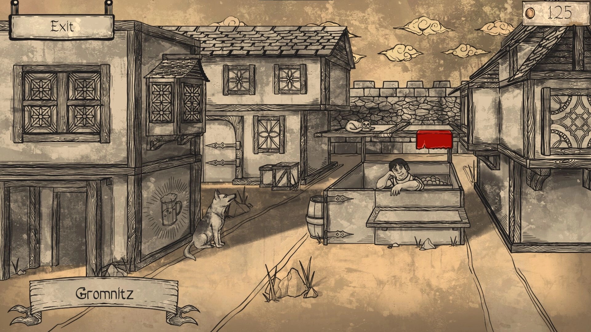 Gatekeeper's Week: Merchant stall with lounging seller and dog in medieval town street setting