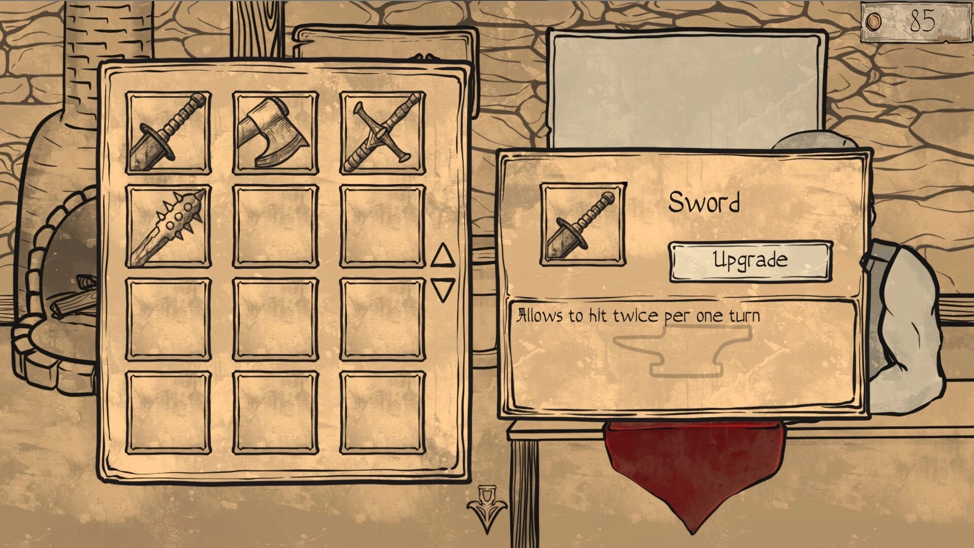 Gatekeeper's Week: Weapon inventory with upgrade option in medieval blacksmith workshop setting