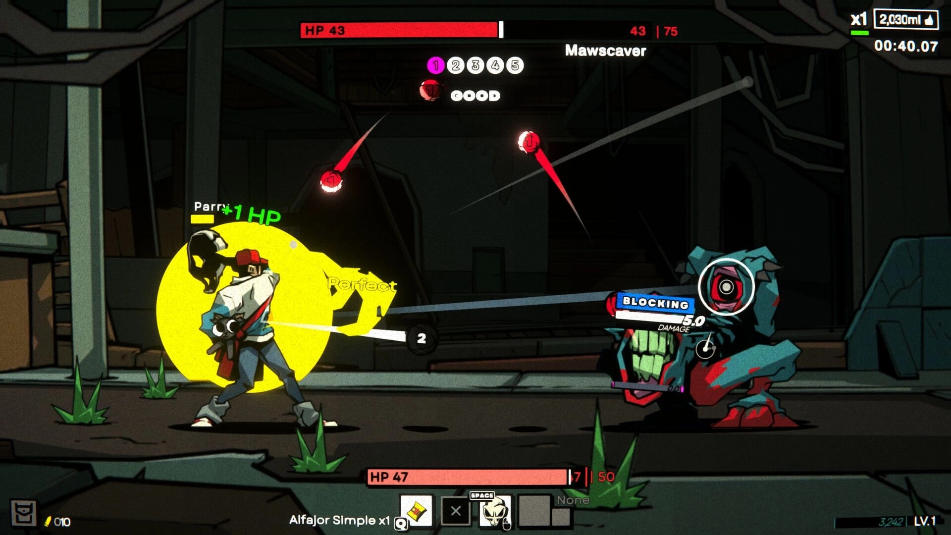 Gaucho: Perfect parry blocks Mawsaver attack with HP gain prompt inside a dark subway arena UI.