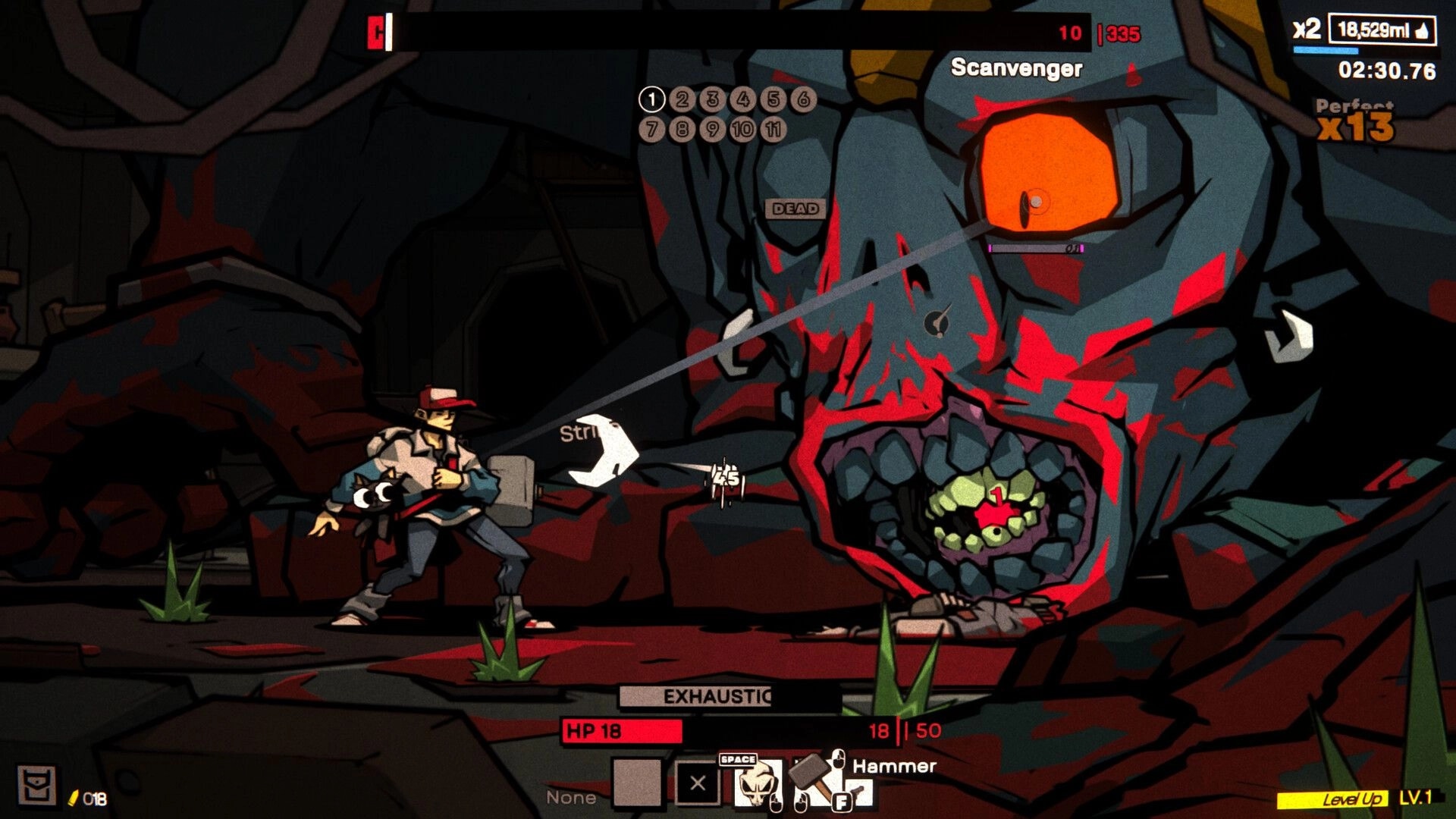 Gaucho: Player swings hammer at giant cyclops Scavenger boss in rocky cave with combat UI.