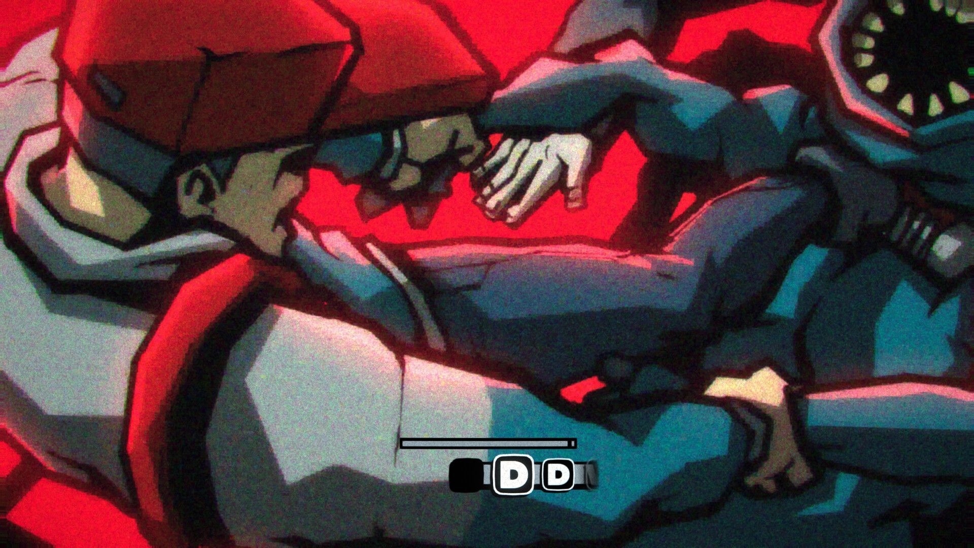 Gaucho: QTE button prompt over close-up struggle with a masked foe in red-lit subway tunnel.