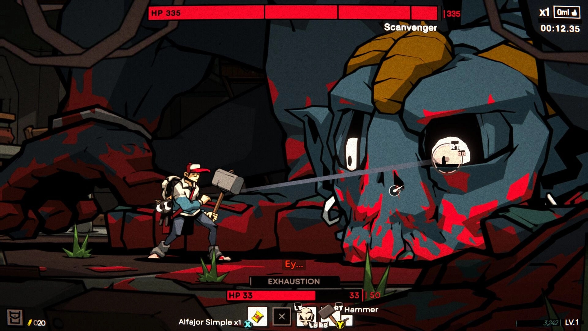 Gaucho: Player with hammer faces giant stone Scavenger boss in rocky cave, HP and timer UI visible.