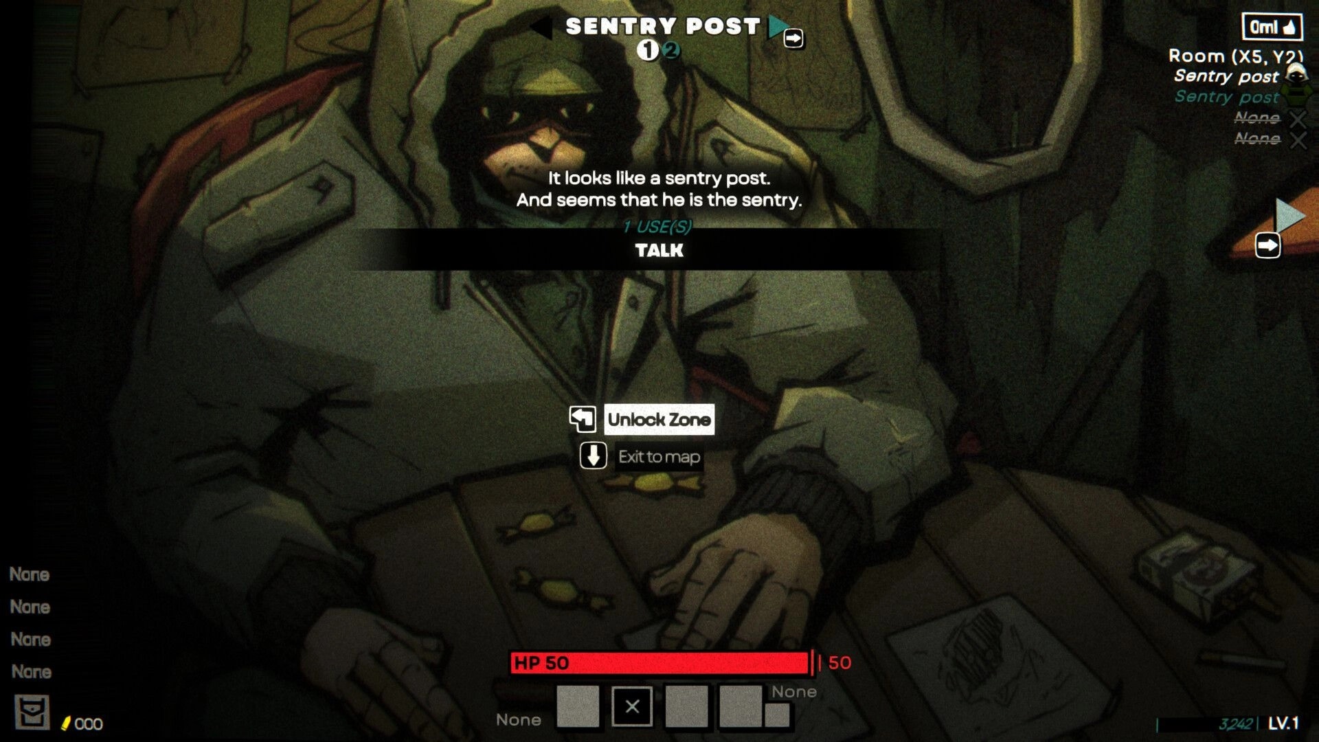 Gaucho: Talk prompt over unconscious sentry at Sentry Post, with HP bar and Unlock Zone UI.