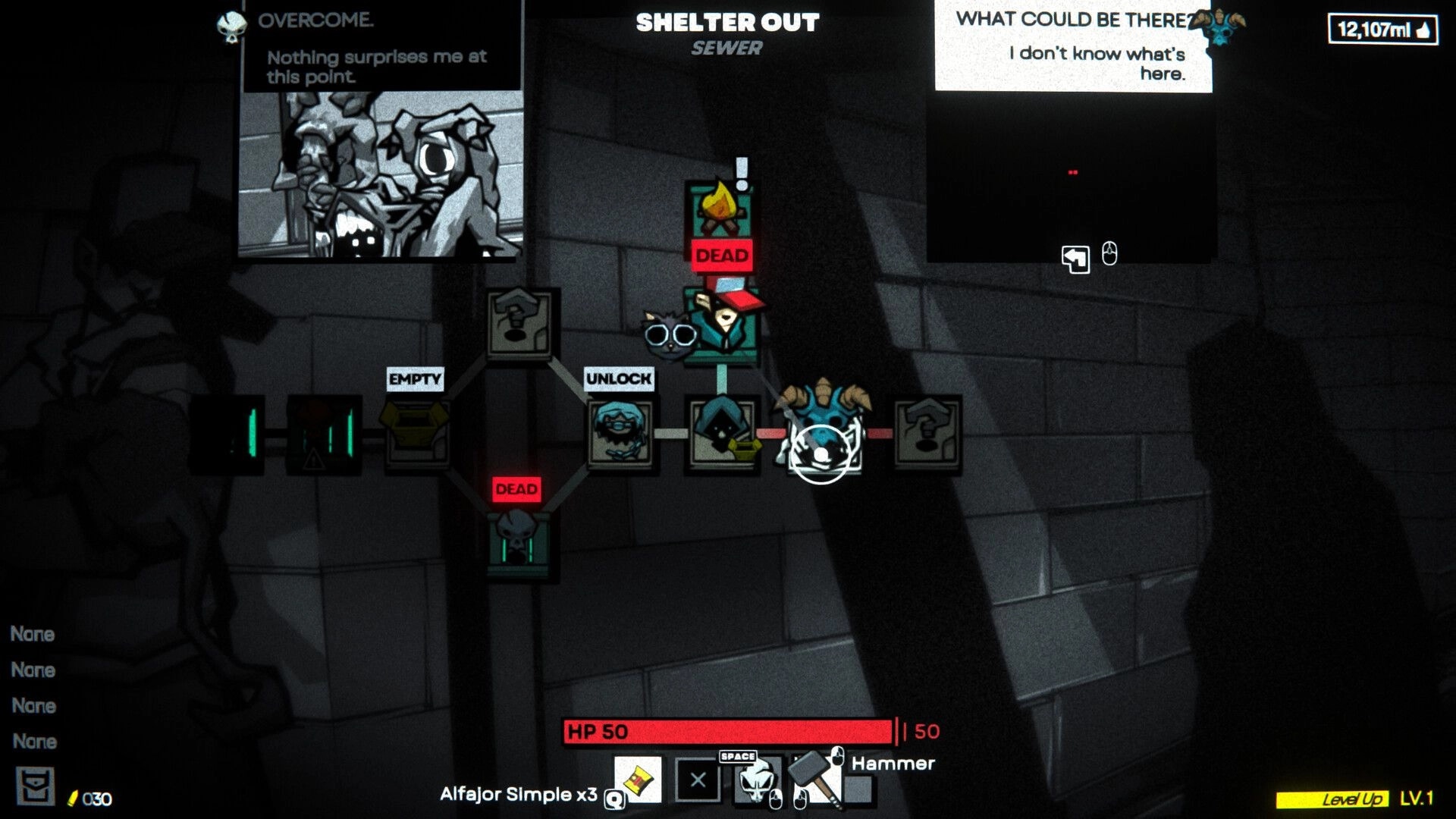 Gaucho: Branching sewer map with node icons marked DEAD and UNLOCK, HP bar and hammer HUD below.