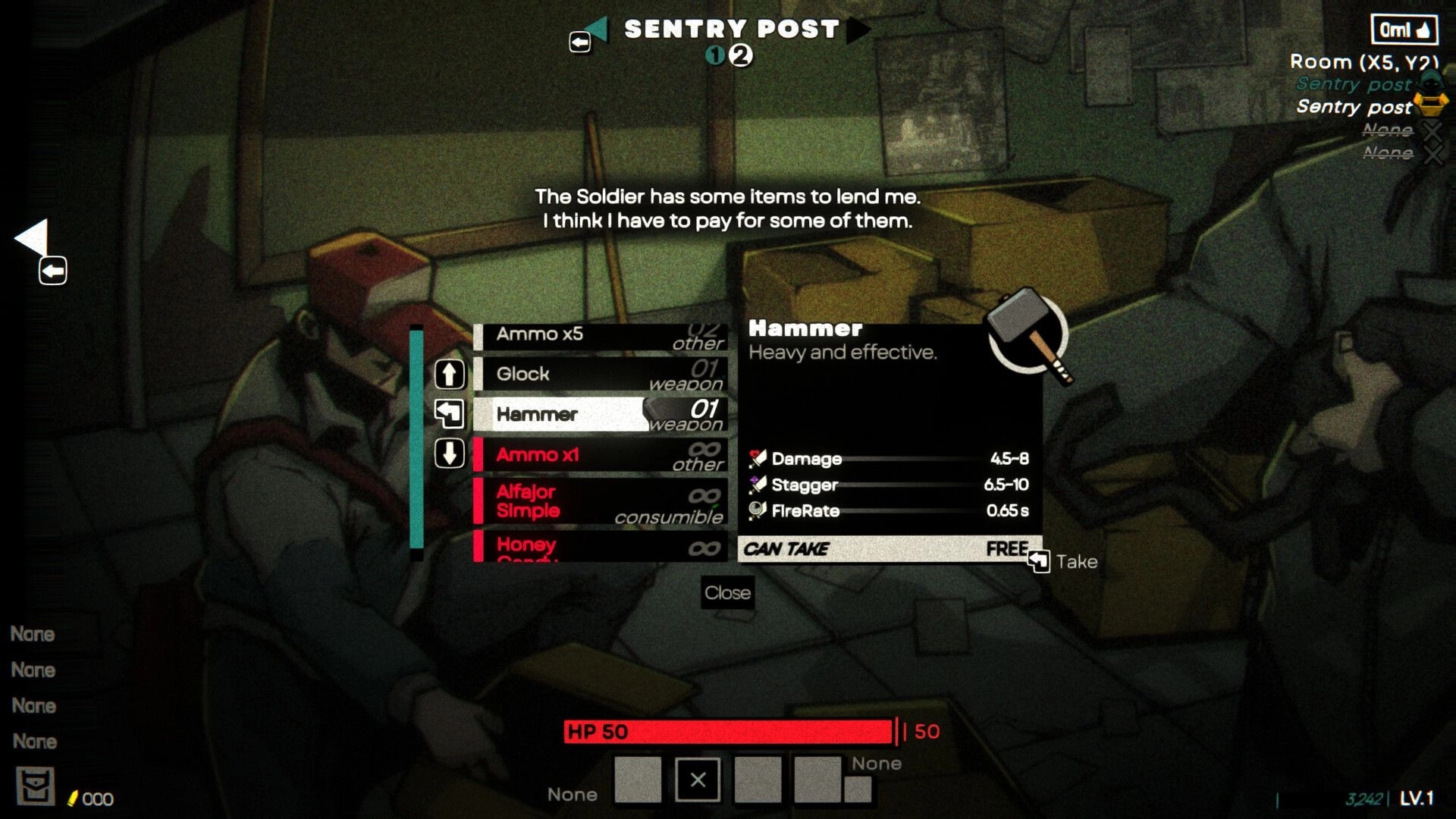 Gaucho: Trading menu selecting a hammer from soldier stash in Sentry Post room with boxes and gear.