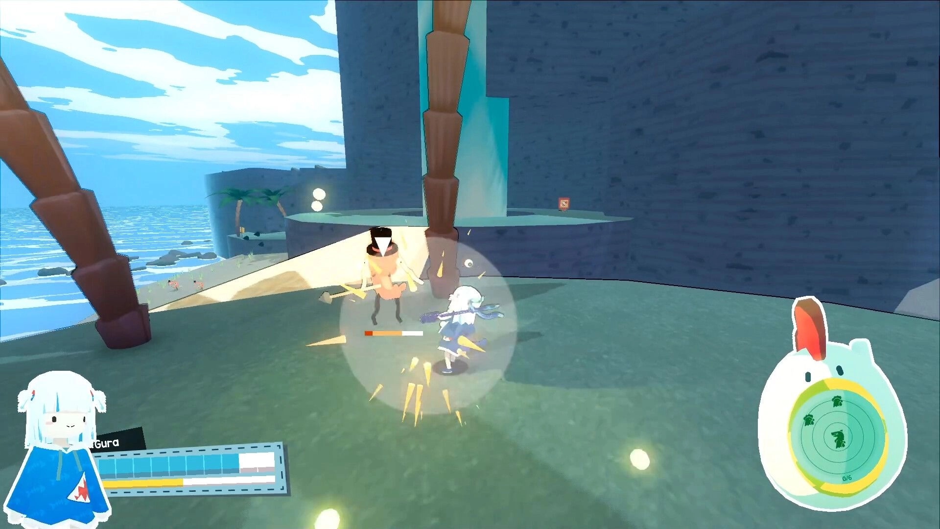 Gawr Gura: Gura attacks a masked enemy on a seaside cliff arena, with health bar and radar UI visible.