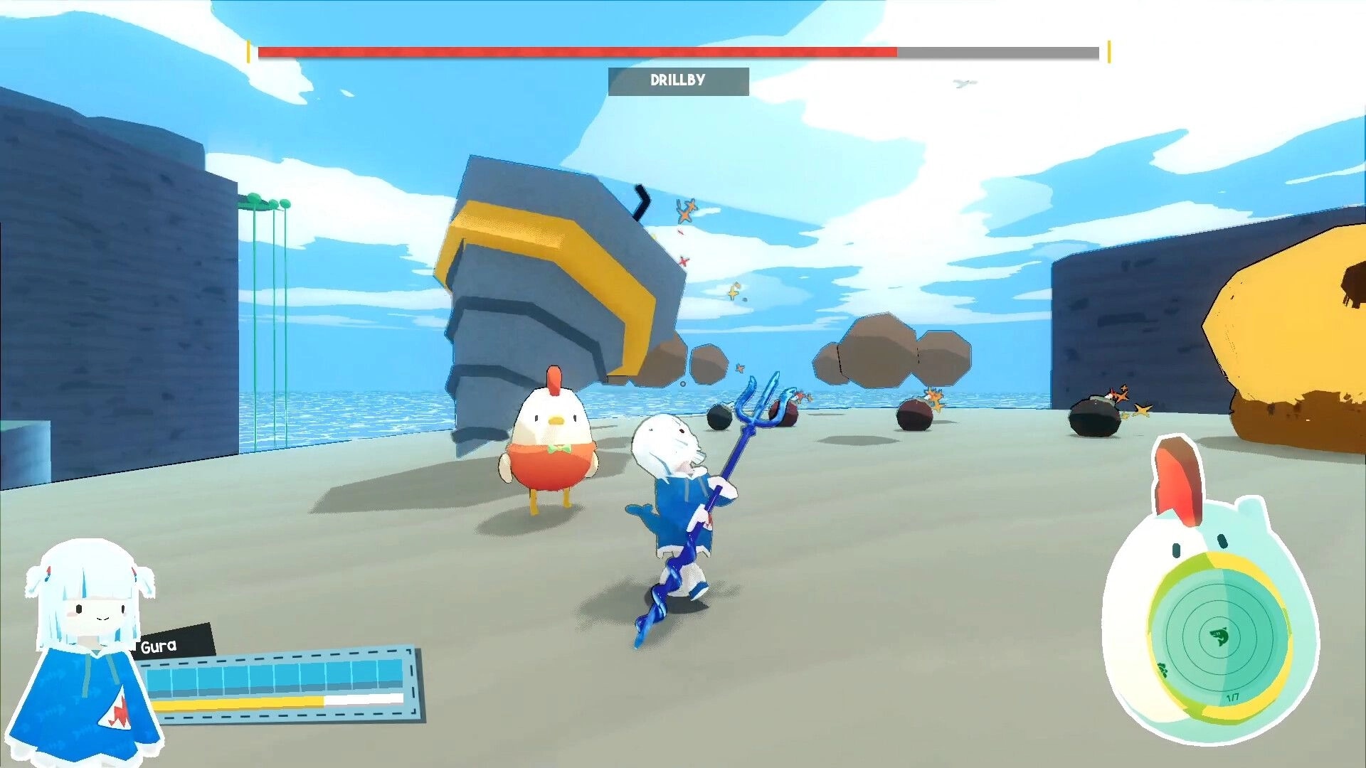 Gawr Gura: Gura wields a trident facing Drillby boss on a beach arena with radar and health bars.