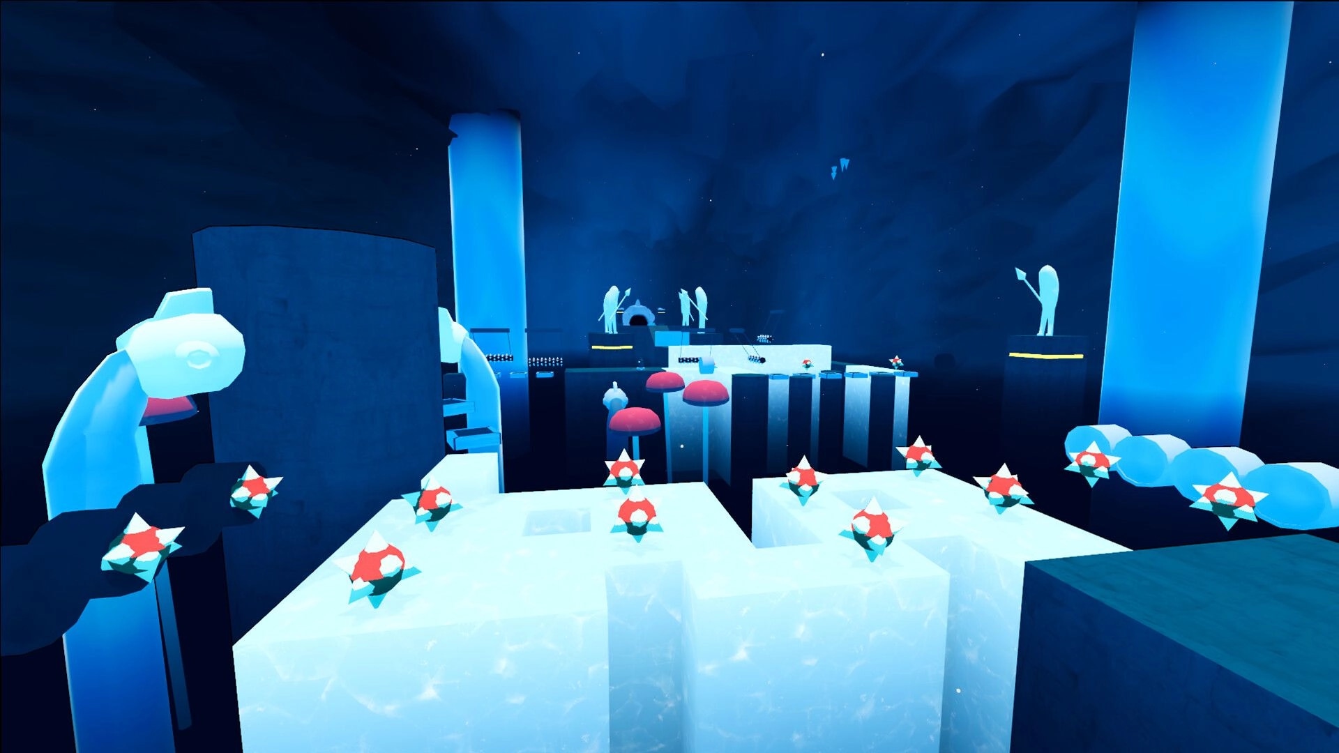 Gawr Gura: Icy platforming area with floating blocks, red mushrooms, and spiky hazards in a blue cave.