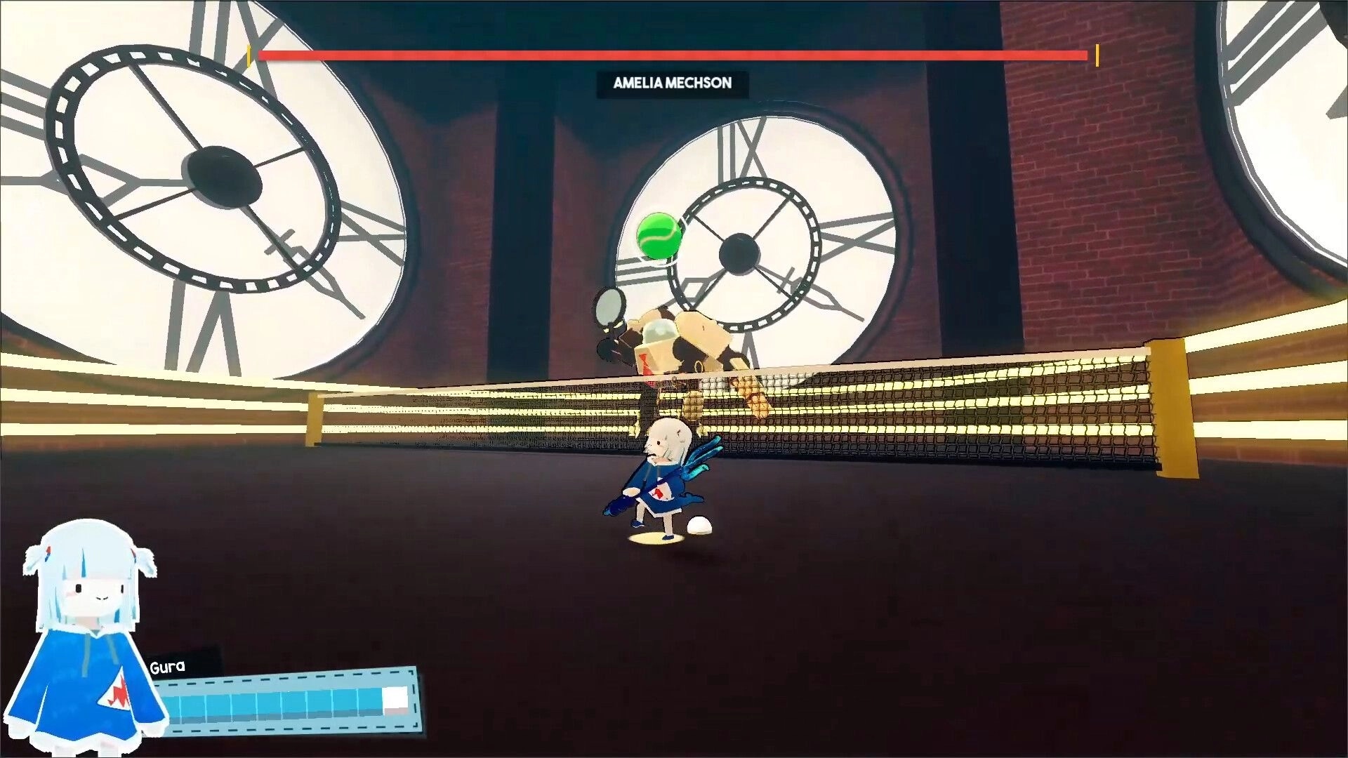 Gawr Gura: Boss fight vs AMELIA MECHSON in a clocktower arena, with Gura health bar UI visible.