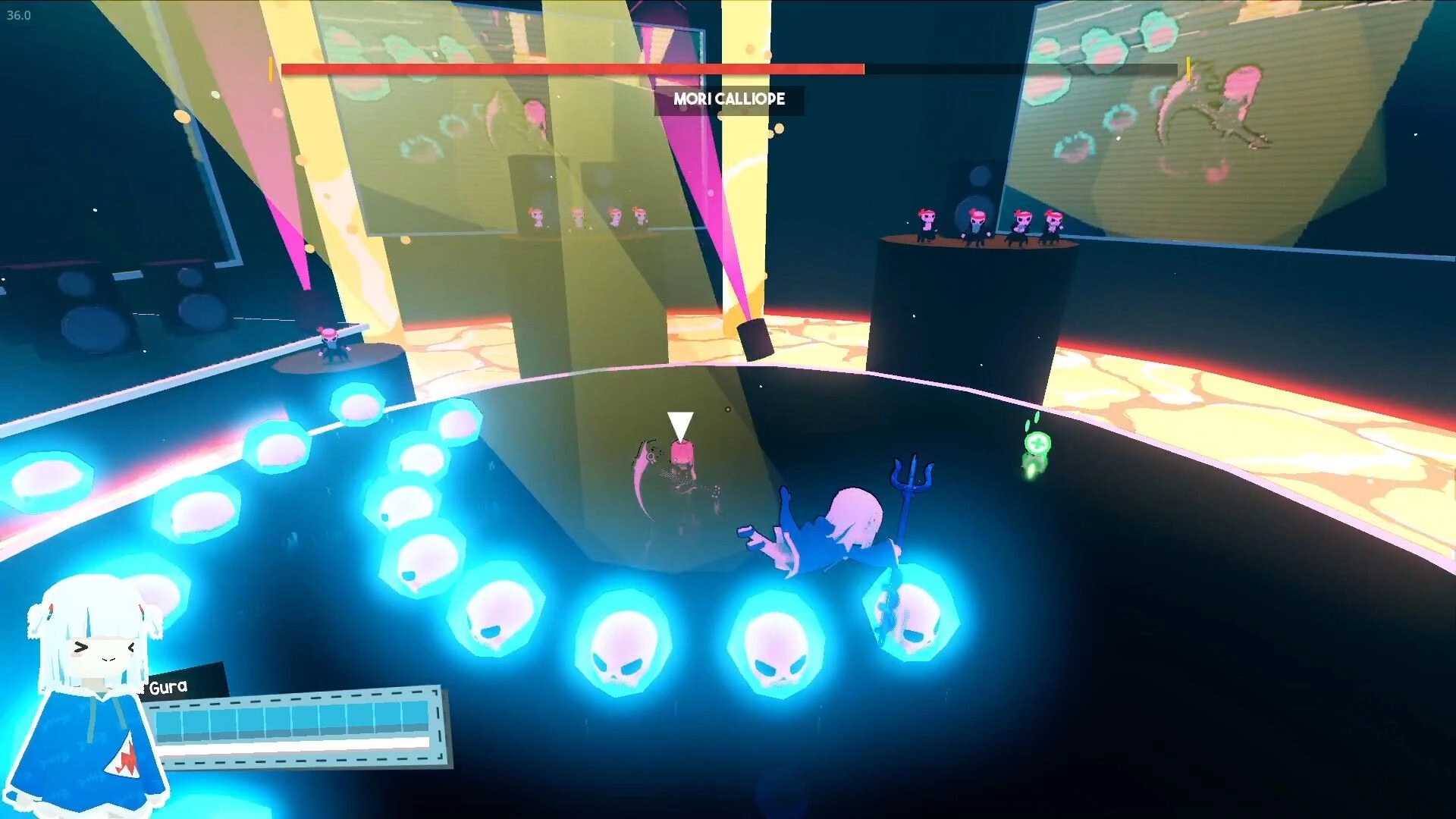 Gawr Gura: Boss fight vs Mori Calliope amid glowing skulls in a neon arena with health bar UI.