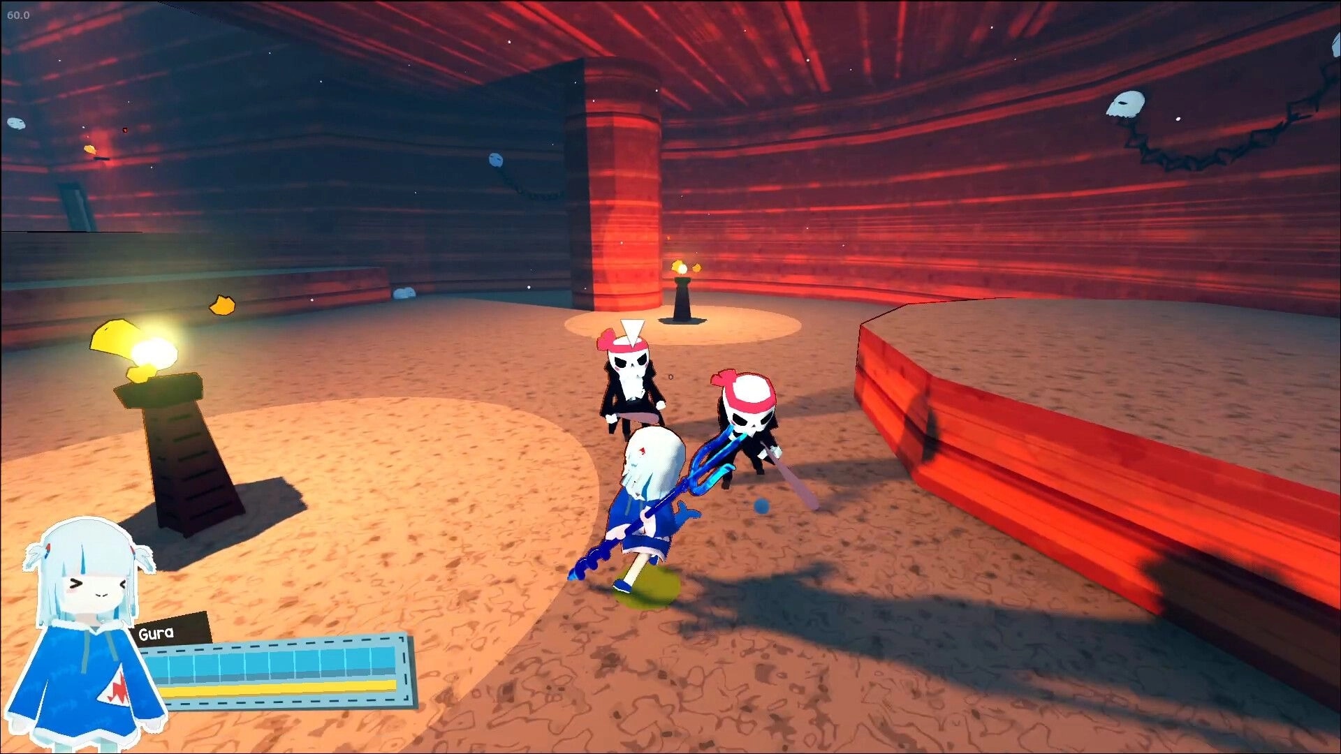Gawr Gura: Third-person fight with masked enemies in red canyon arena, Gura HUD and health bar visible.