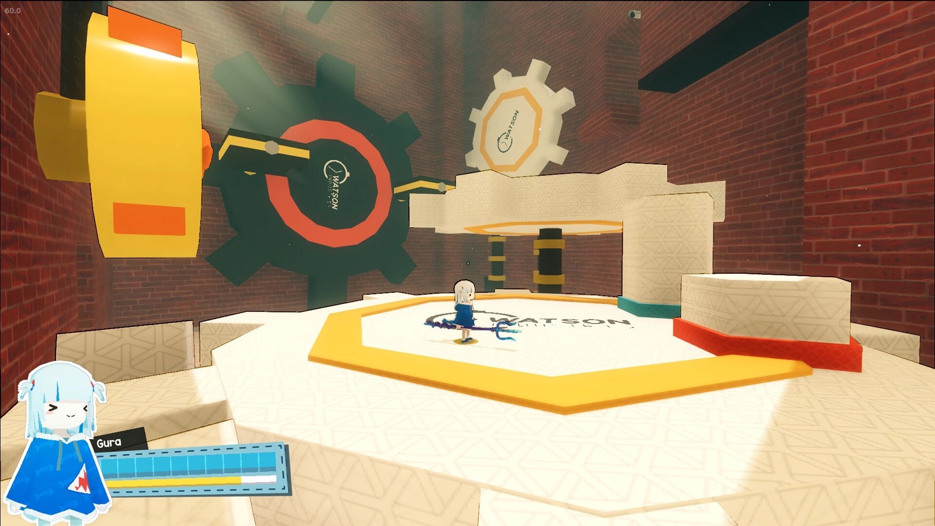 Gawr Gura: Gura stands on a platform with giant gears and pistons in a brick-walled room HUD visible.