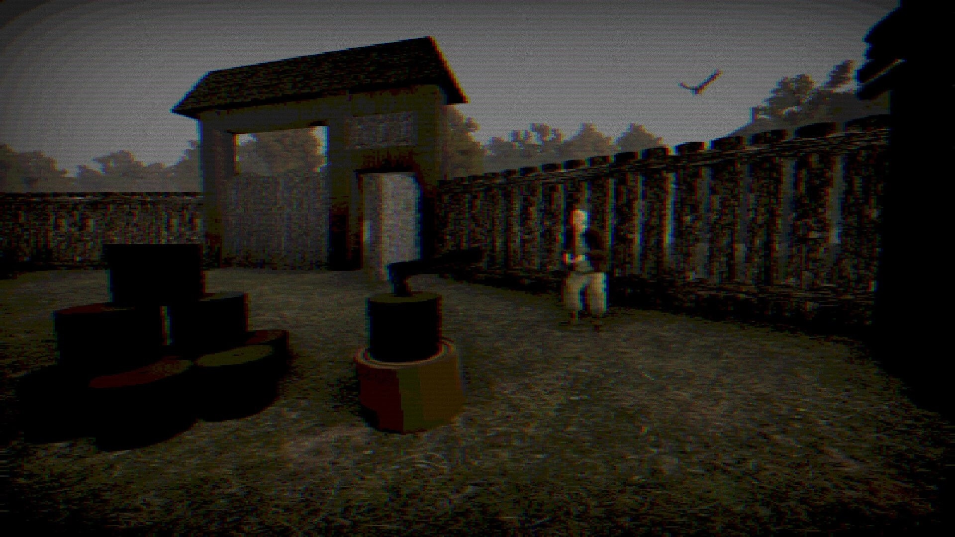 Geamana Village: Lone figure stands near stacked barrels beside wooden gate in fenced courtyard