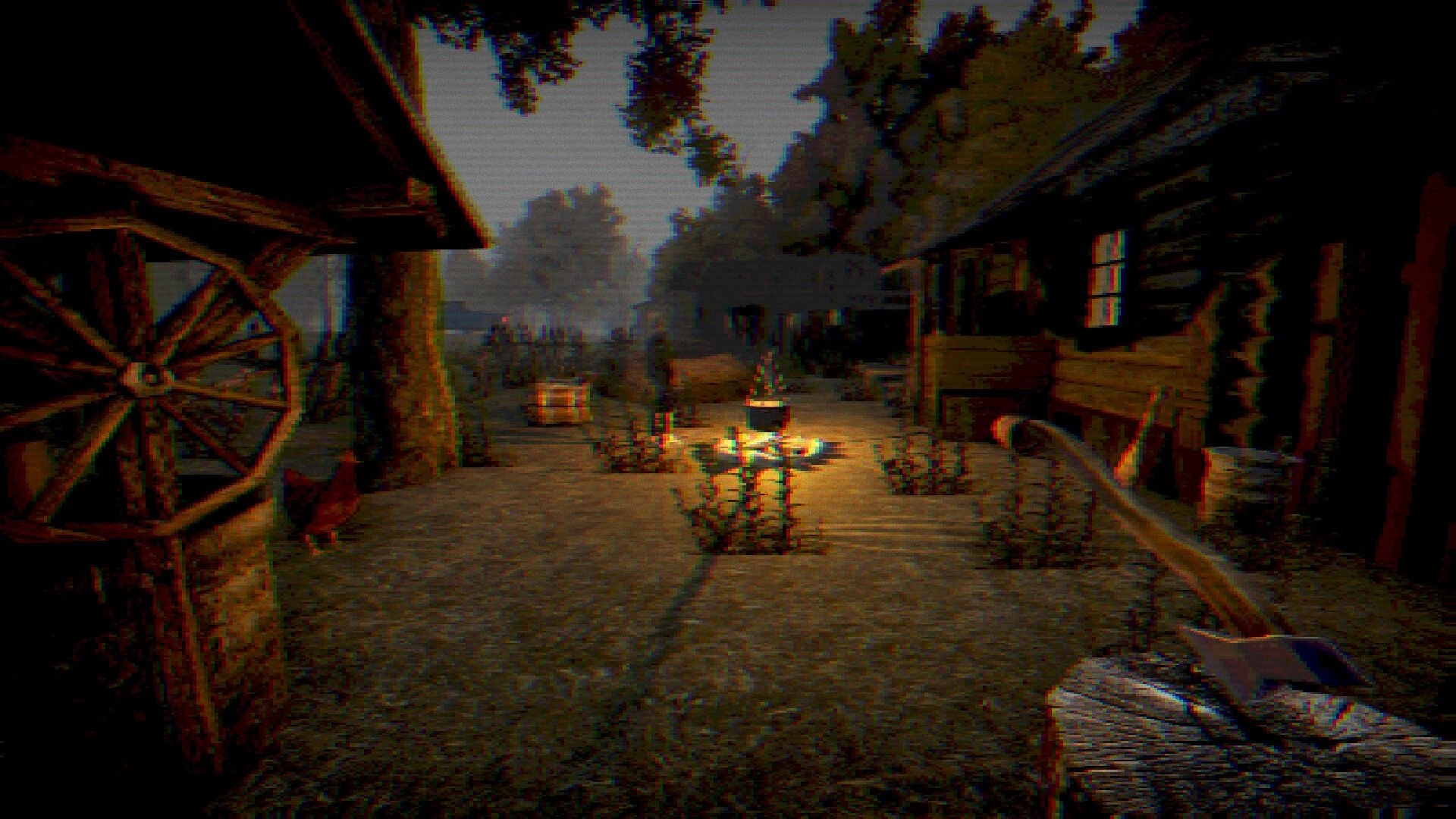 Geamana Village: View of a rustic courtyard with a campfire, wooden buildings, and scattered vegetation.