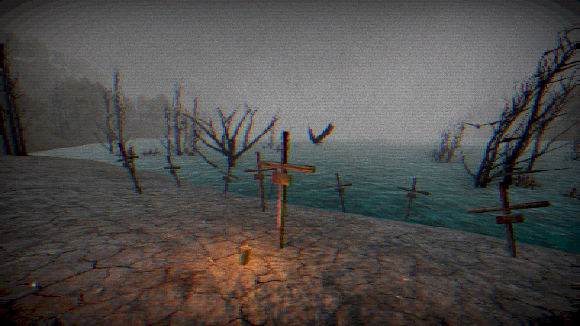 Geamana Village: Crosses on cracked earth near toxic lake with bare trees and misty horizon